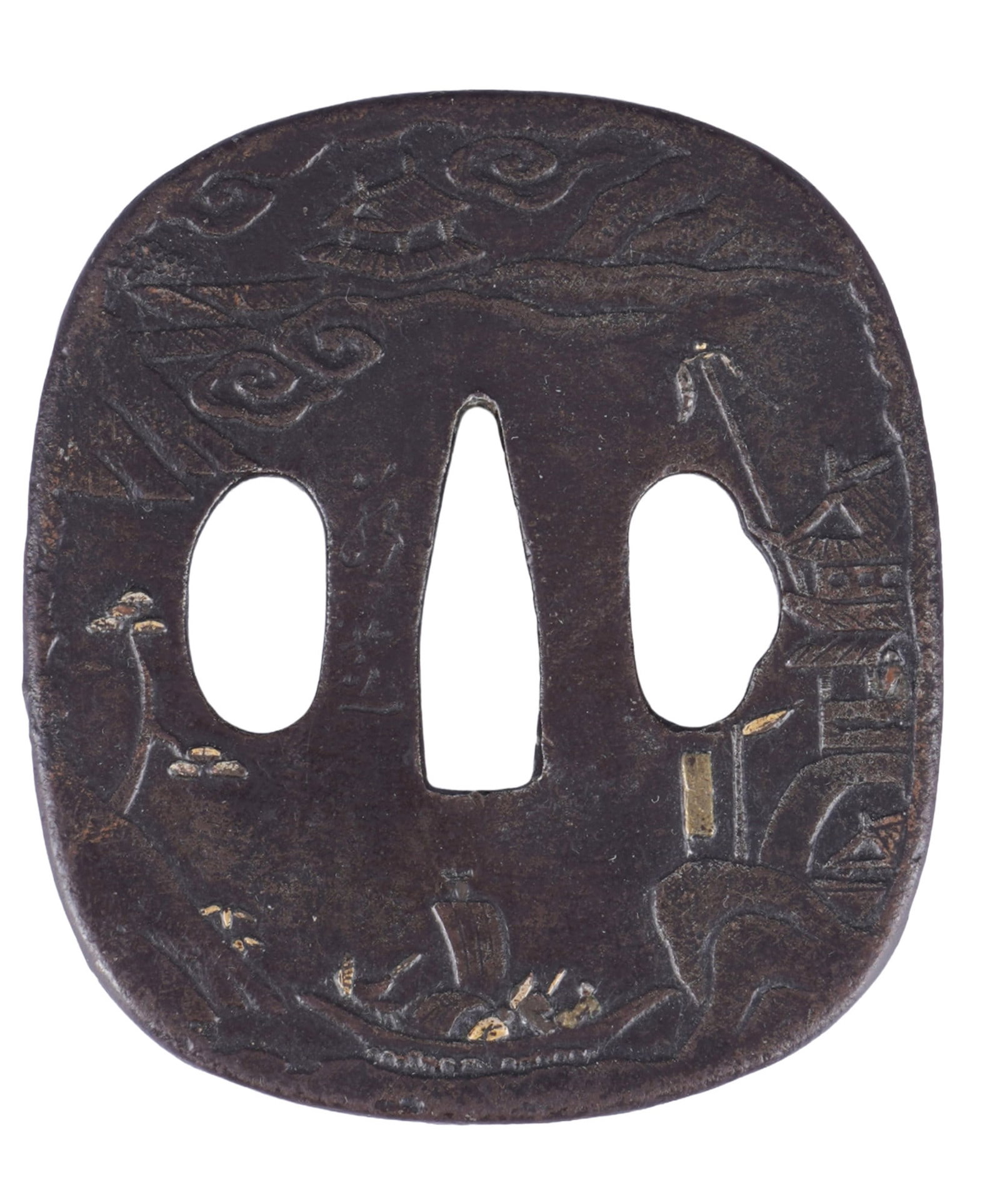 Tsuba boats in a landscape, Japan, 18th century.: Tsuba, iron with details in copper, gold, and silver, rounded rectangular shape with a slightly thickened rim, Japan, 18th century, depicting in low relief boats on a lake and tall Chinese buildings o