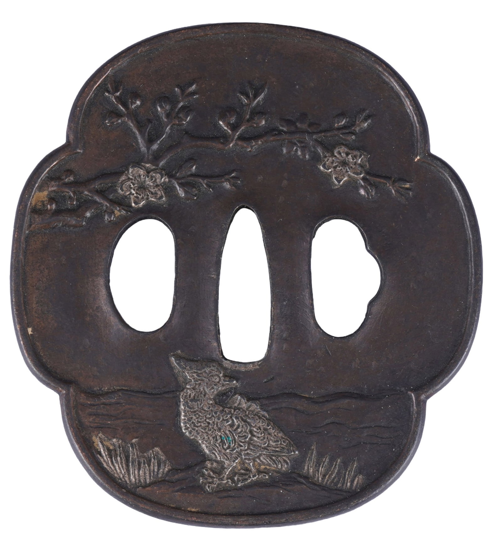 Tsuba, water bird under a flowering tree branch, Japan, Edo period, 18th/19th century: Tsuba, quatrefoil-shaped Mokko-gata, iron with silver inlays, Japan Edo period 18th/19th century, depicting a water bird lying in water under a flowering tree branch and, on the reverse, a standing wa