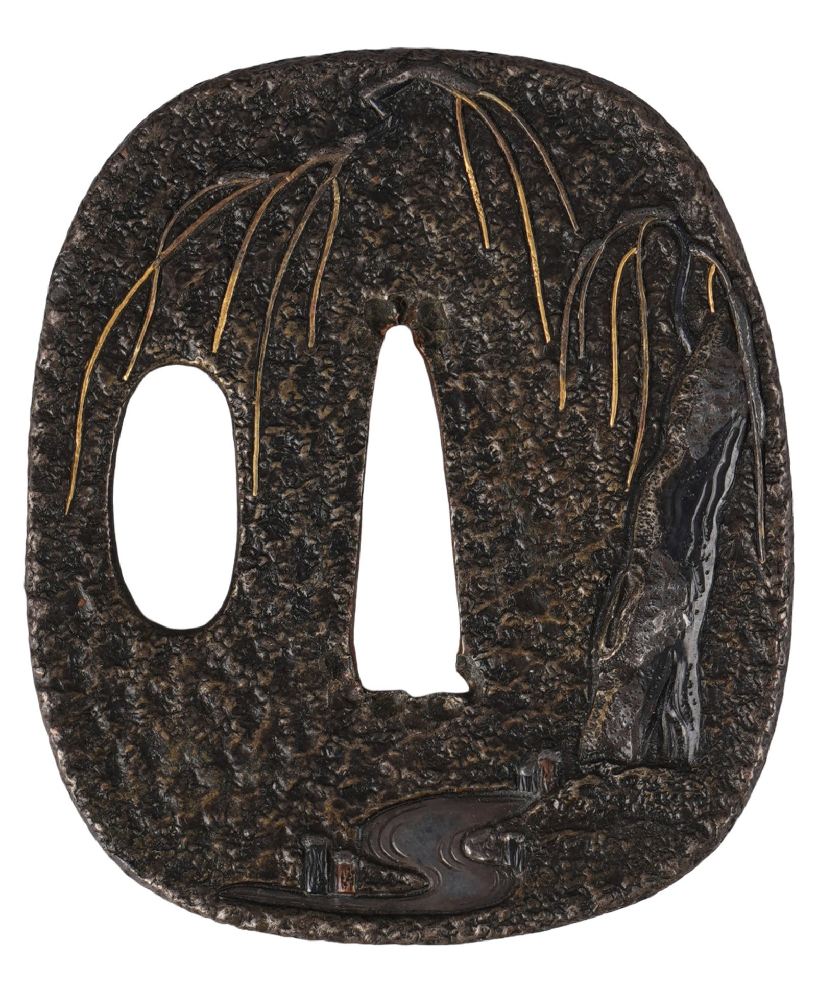 Tanto Tsuba, Japan 19th century,: Tanto-tsuba, silver-plated copper with details in brass, copper, and shakdo, oval shape with strongly rounded corners, Japan, 19th century, on a textured background depicting a weeping willow by a riv