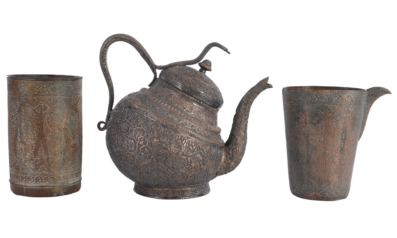 Oriental jug, vessel and spouted jug, 19th century: Partially tinned copper, a collection of 19th-century Indo-Persian objects, including a Kashmiri teapot (H 17.5 cm x W 19.5 cm x D 12 cm), a water jug ??(H 12 cm x L 11.5 cm x W 7.2 cm), and a vessel 