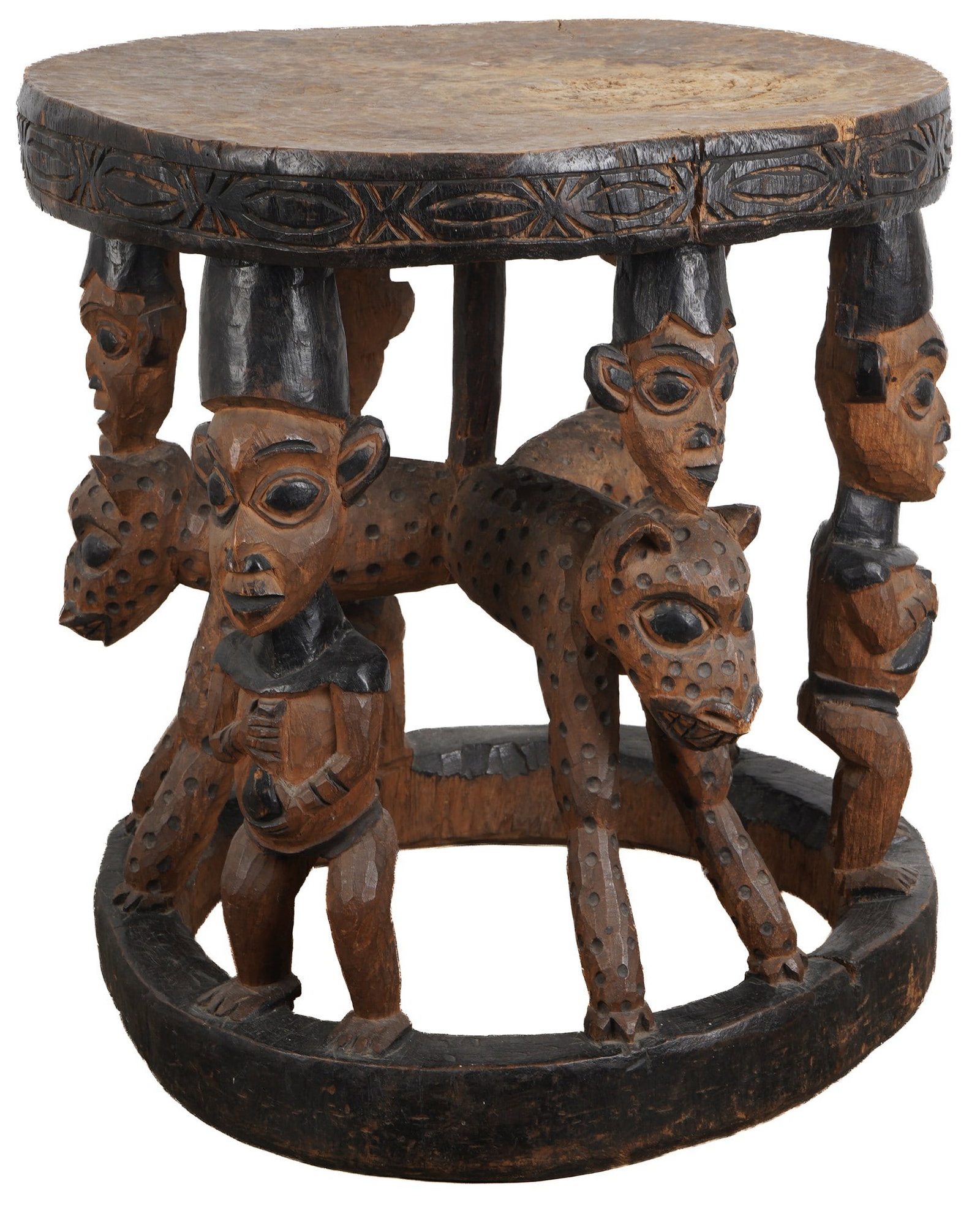 Large prestige chief's stool of the Bamileke, Cameroon,: Bamileke, Cameroon, mid-20th century, carved from a single block of wood, round seat supported by several ancestral/guardian figures and two stylized leopards, partially painted black, with geometric 