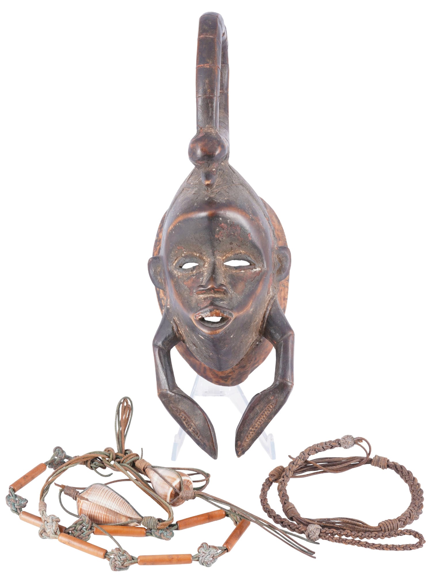 Kple Mask of the Bale Ivory Coast,: Wooden carved ritual mask, Baule Ivory Coast, H 48 cm x W 15.5 cm x D 16 cm, crack on headpiece, abrasion, provenance: private collection Krefeld in NRW