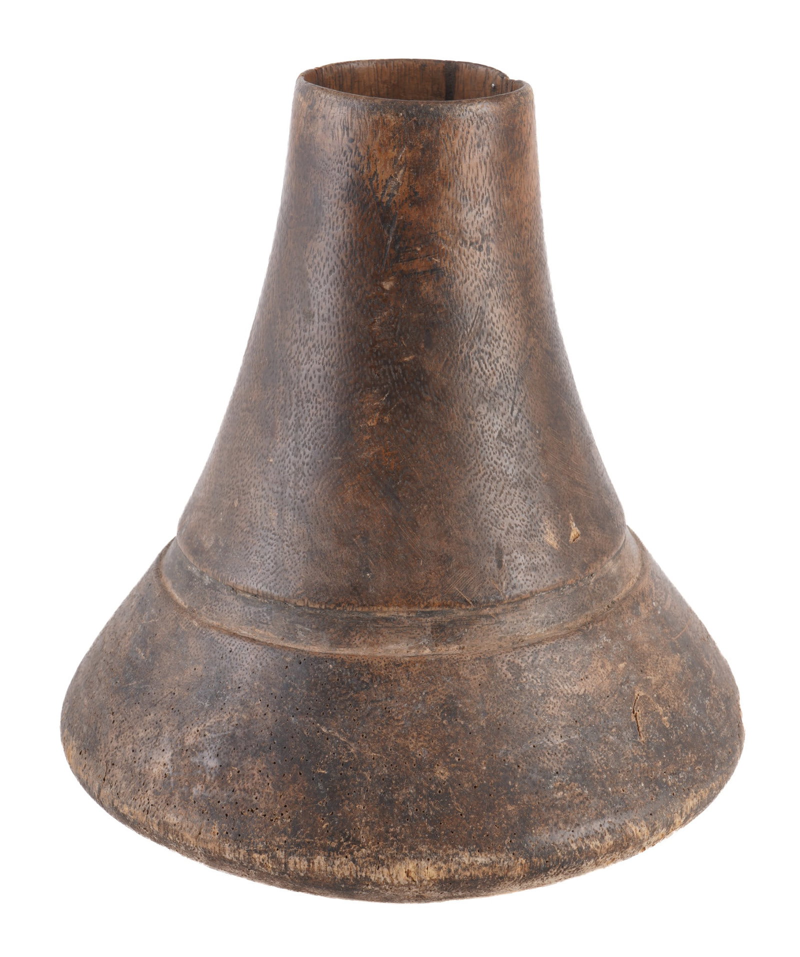 Traditional wooden milk pail/milking funnel - East Africa,: wood; East Africa (Zululand / Rwanda / Somalia); carved from a single piece; conical shape with a wide base and tapered neck, with a surrounding relief ring; used in livestock farming for milking and 