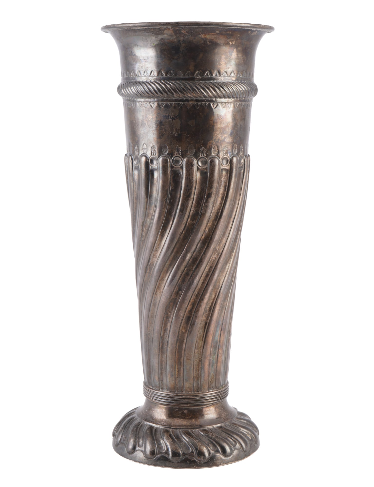 England London 925 sterling silver large splendid vase - Frederick Sibray & Job Frank Hall,: sterling silver 925/1000, England London, stamped Sterling (Lion Passant) + London city mark (Leopard’s Head) + date letter 1890 + Frederick Sibray & Job Frank Hall maker's mark, curved ribbed decor