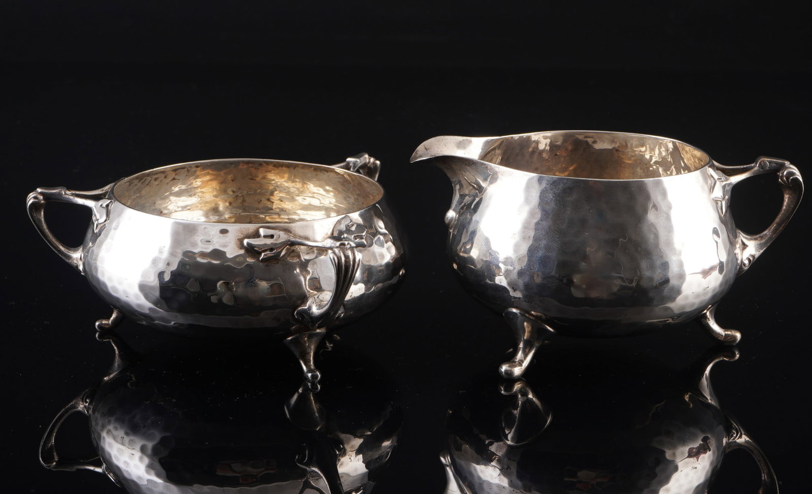 England 925 sterling silver hammered milk & sugar set - London 1908, (1 of 6)