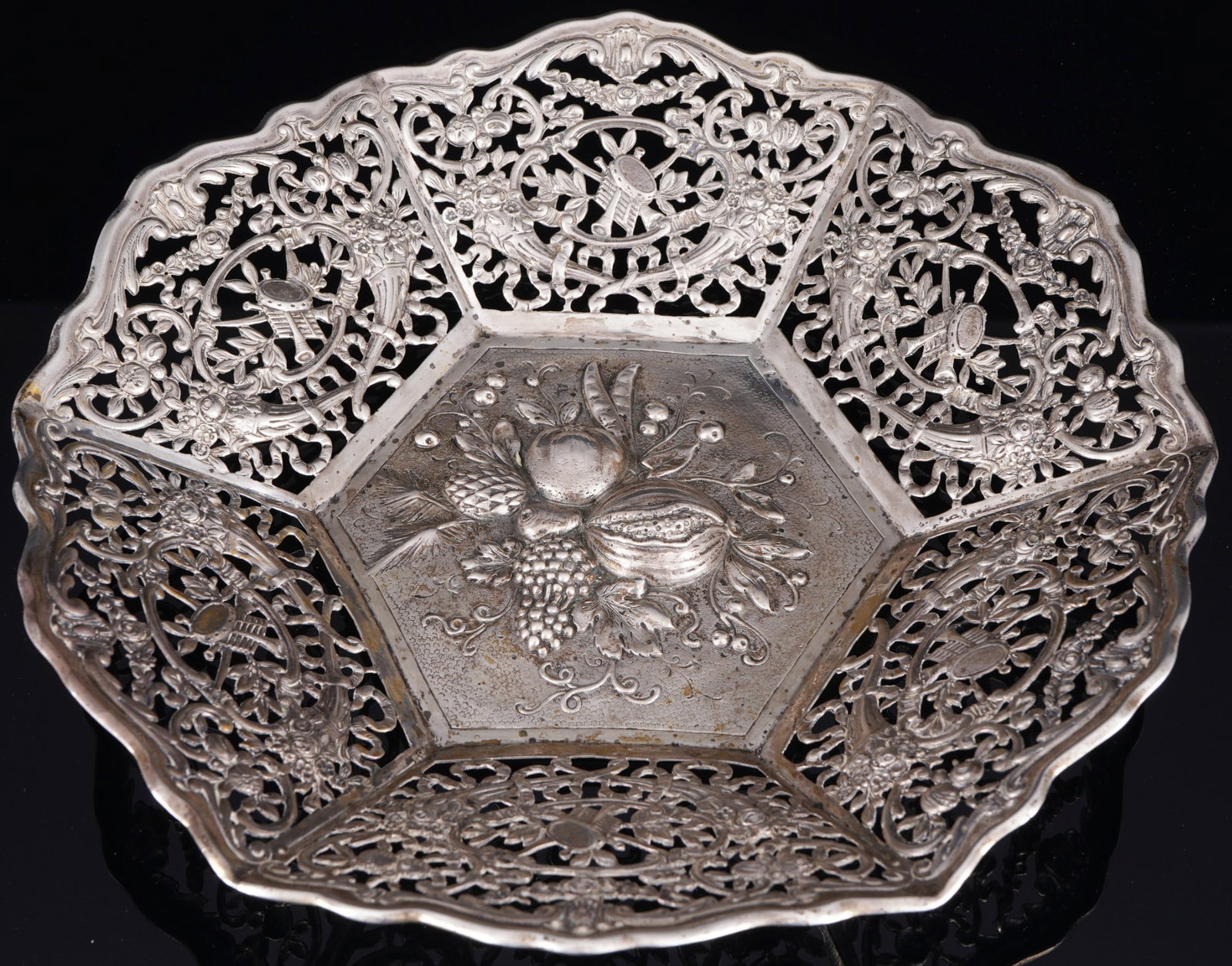 800 silver large ornamental bowl / fruit bowl, (1 of 4)