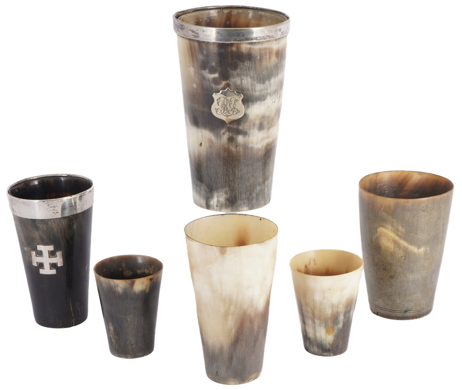 Six horn beakers circa 1900, including some with silver mounts, (1 of 6)