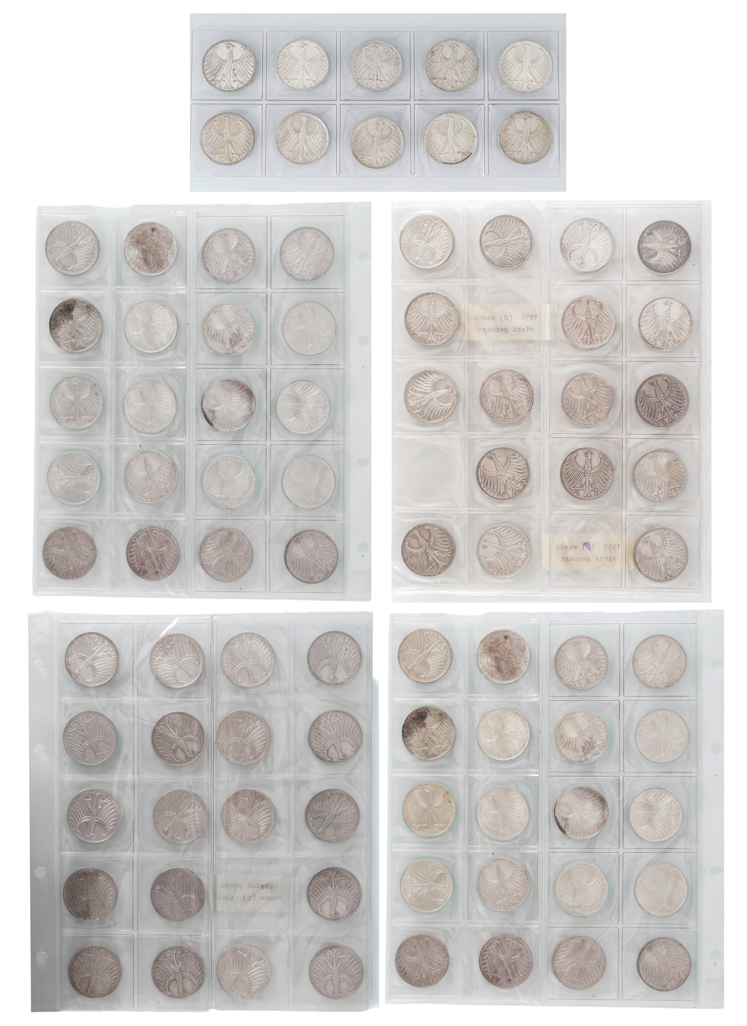 Collection of 5 DM Silver Eagle coins from 1951 to 1974, 66 silver coins,: Silver 625/1000, 66 silver coins, each 11.2 grams, mint marks D, F, G and J, all years with mint marks from 1951 to 1974 except 1956 G, 1958 J, 1959 F, 1961 G, 1966 D, 1967 D, 1968 D, 1969 D + F and 1