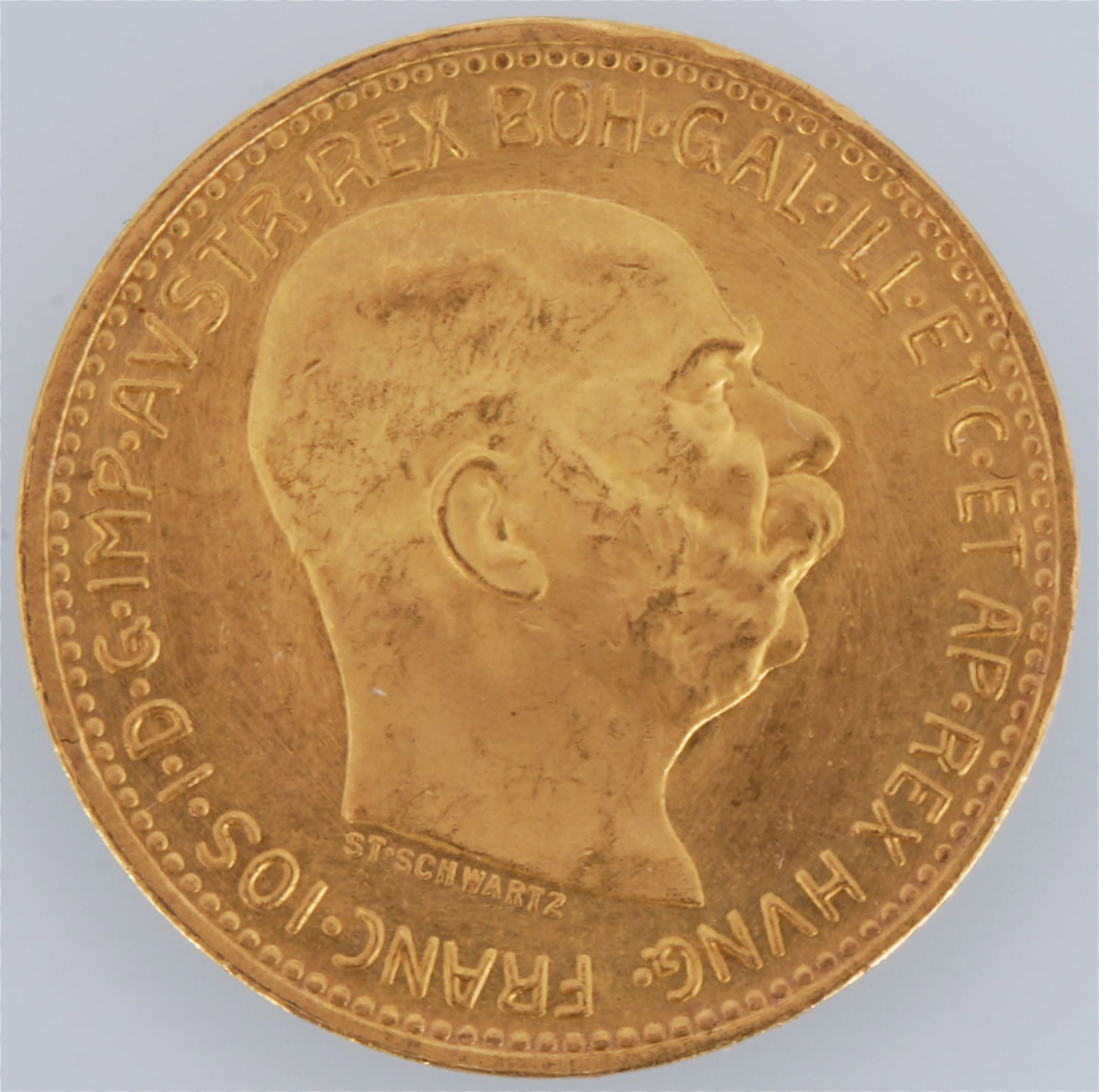 Gold coin 20 crowns 1915 - Austria with Franz Joseph I,: Gold 900/1000, Austria 1915 restrike, 20 crowns, obverse with Emperor Franz Joseph I, reverse double eagle with imperial crown and coat of arms, diameter 21 mm, weight: 6.8 g