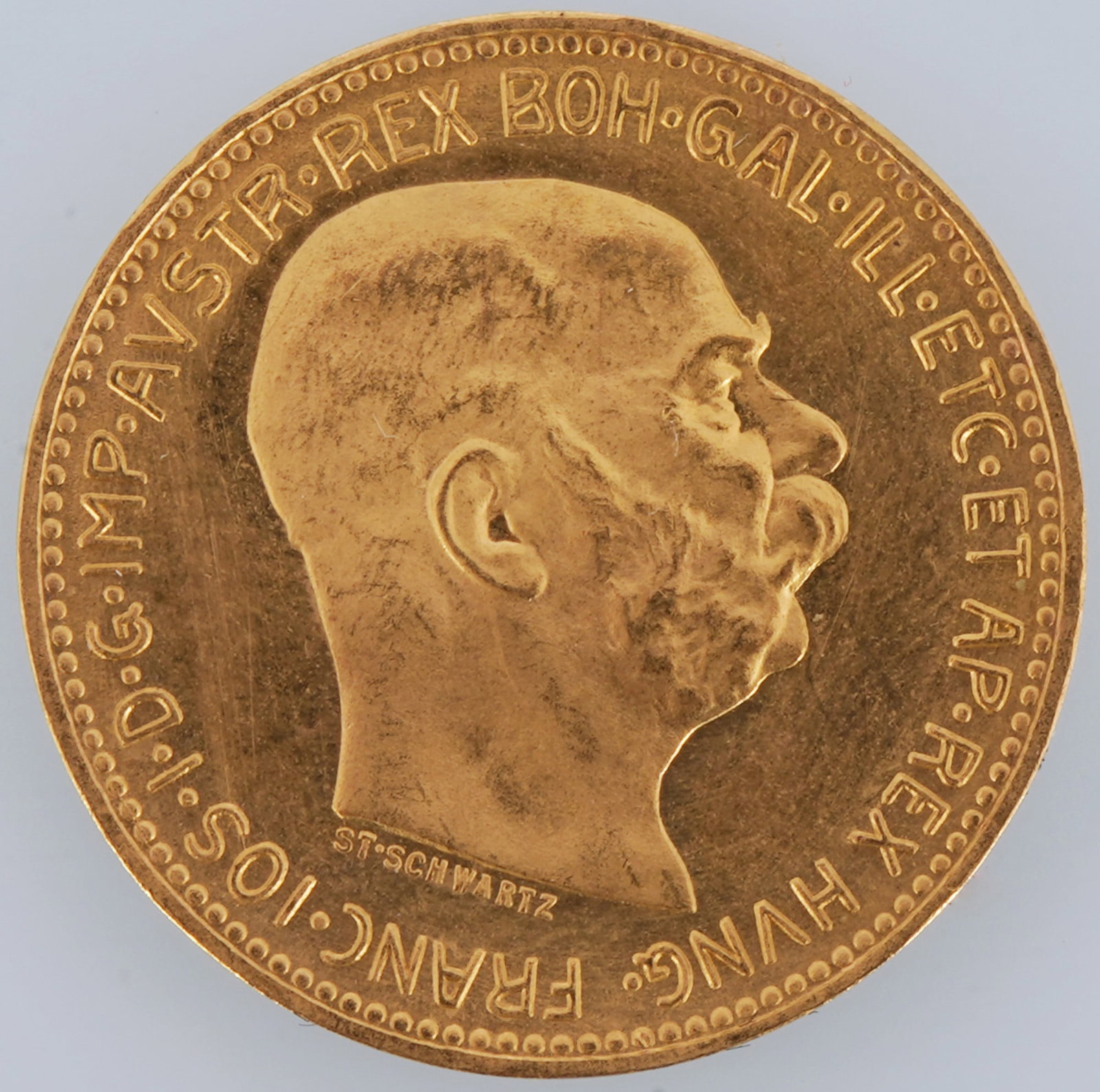 Gold coin 20 crowns 1915 Austria with Franz Joseph I,: Gold 900/1000, Austria 1915 restrike, 20 crowns, obverse with Emperor Franz Joseph I, reverse double eagle with imperial crown and coat of arms, diameter 21 mm, weight: 6.8 g