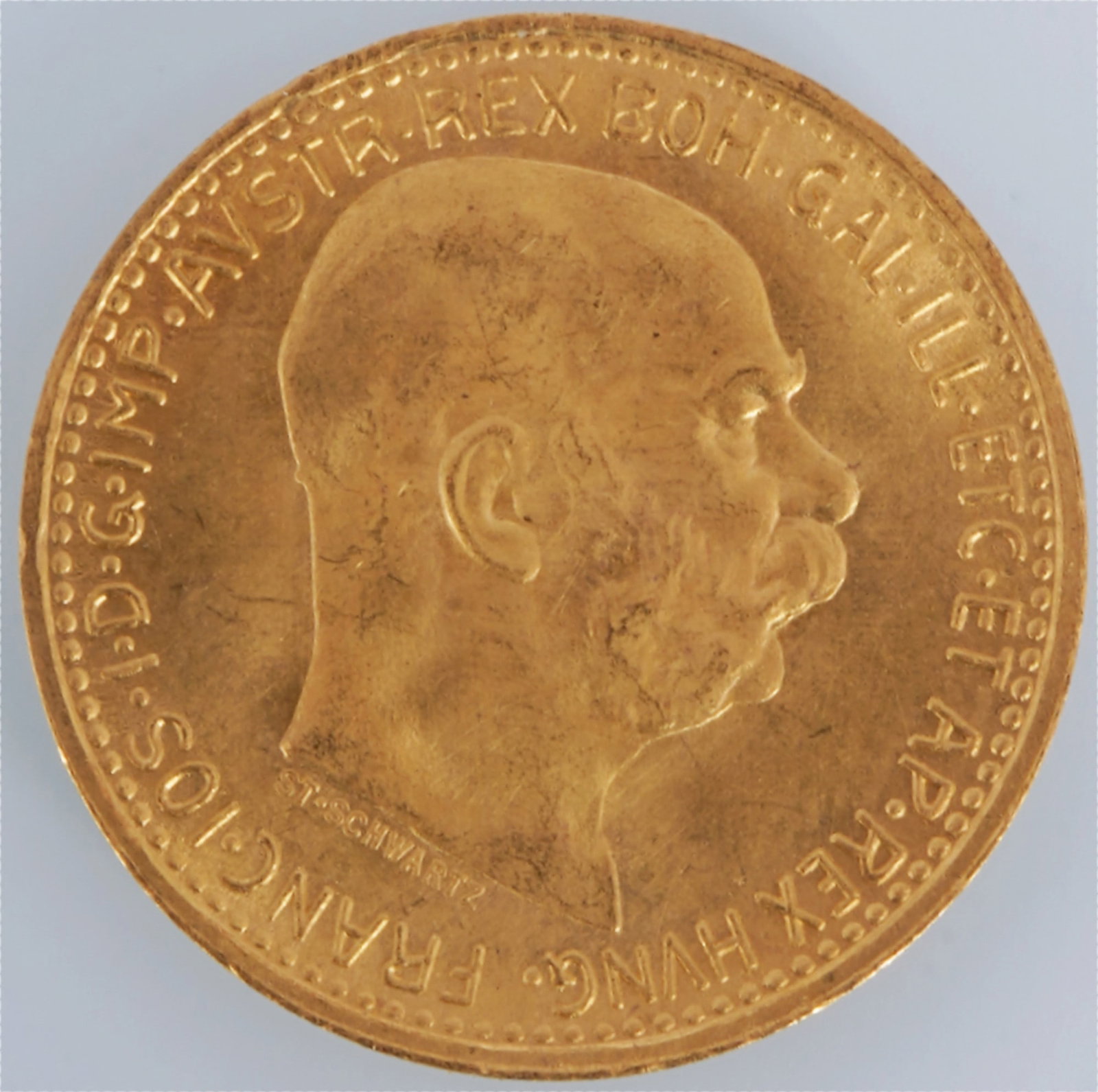 Gold coin 10 crowns 1912 - Austria with Franz Joseph I,: Gold 900/1000, Austrian gold coin 1912 restrike, 10 crowns, obverse with Emperor Franz Joseph I, reverse double eagle with imperial crown, diameter 19 mm, weight: 3.4 g