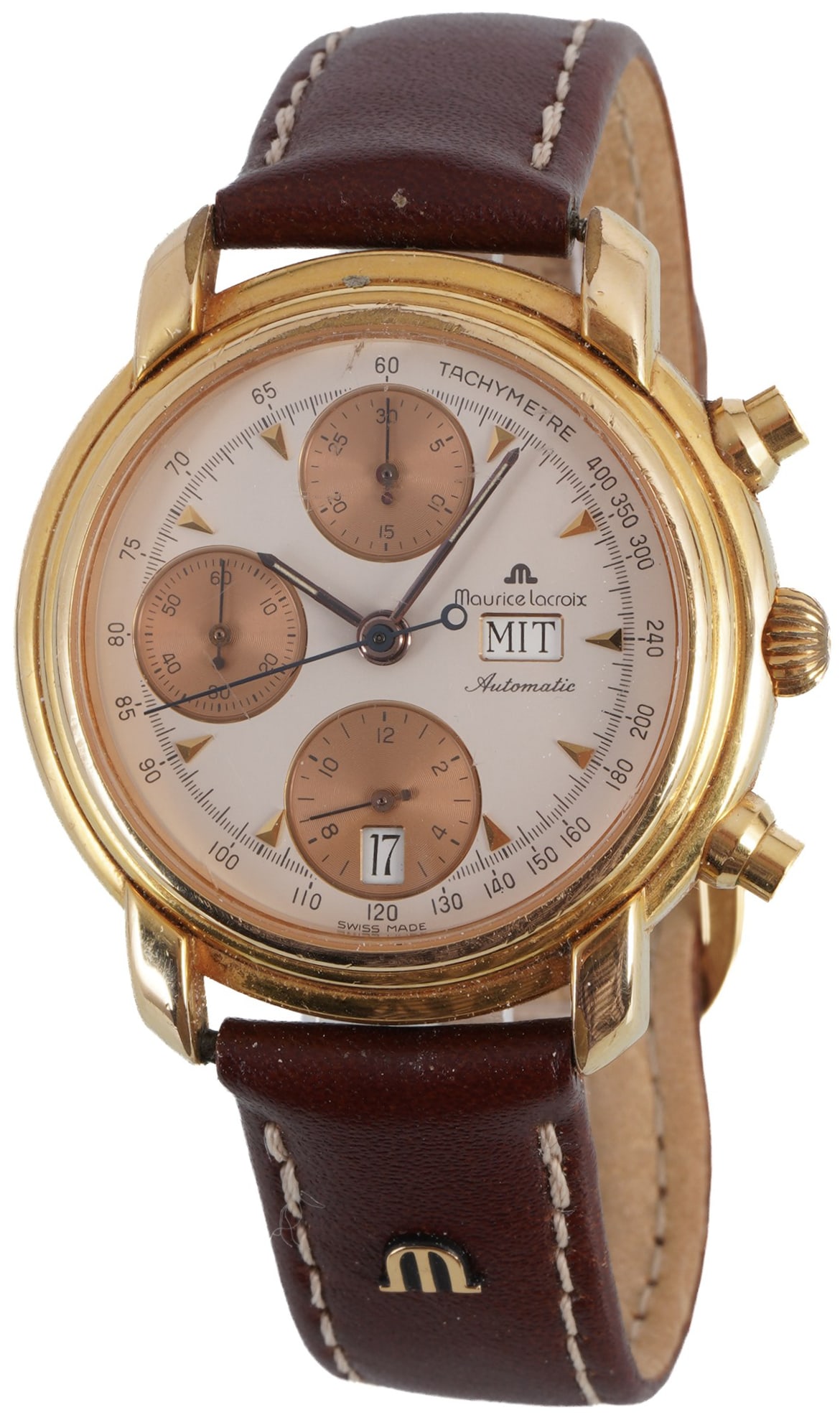 Maurice Lacroix Masterpiece Chronograph Men's Wristwatch: Gold-plated stainless steel, Ref. No. 39353, mechanical automatic movement, light-colored dial with hours, minutes, small seconds, chronograph, date, day of the week, tachymeter, leather strap with pi