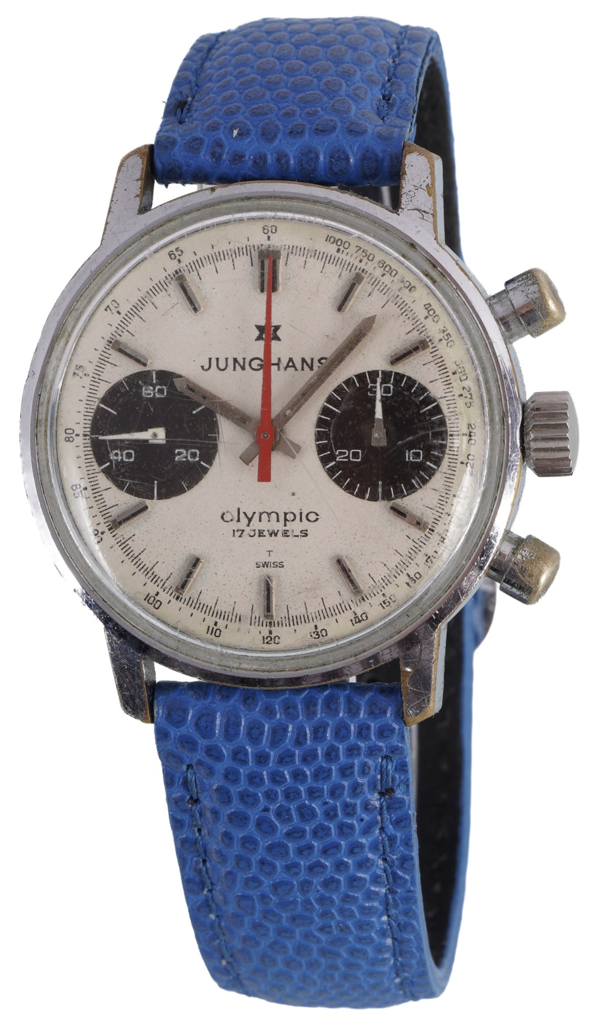 Junghans Olympic Chronograph Men's Wristwatch: Chrome-plated steel, Olympic Chronograph model from the 1960s, mechanical hand-wound movement caliber 88, reference no. 3752MS, dial with two black subdials, applied indices, tachymeter scale, red cen