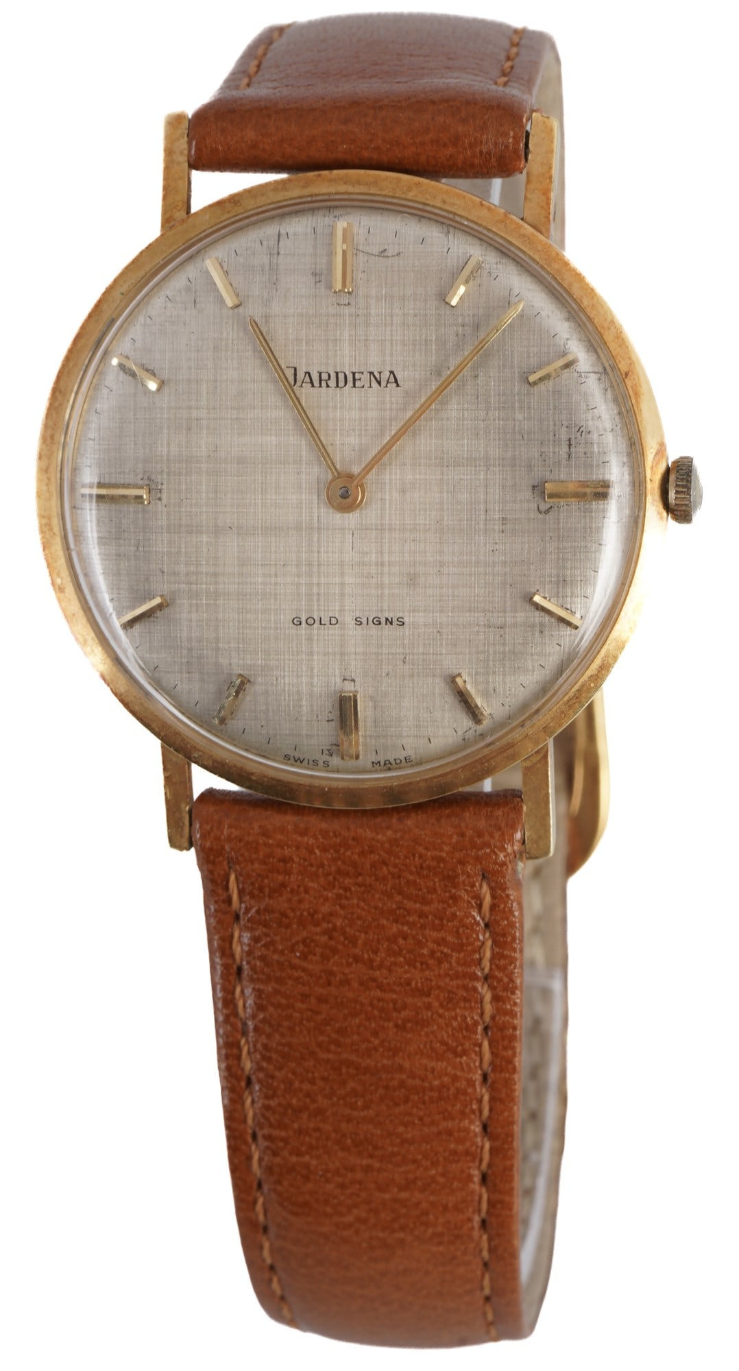 Jardena 750 Gold Men's Wristwatch: 18k yellow gold (750), 1960s, stamped 0.750 18K + 8182 + Swiss Helvetia head and other hallmarks, mechanical movement with manual winding, Ref. 8182, flat case with narrow bezel, silver-colored dial w