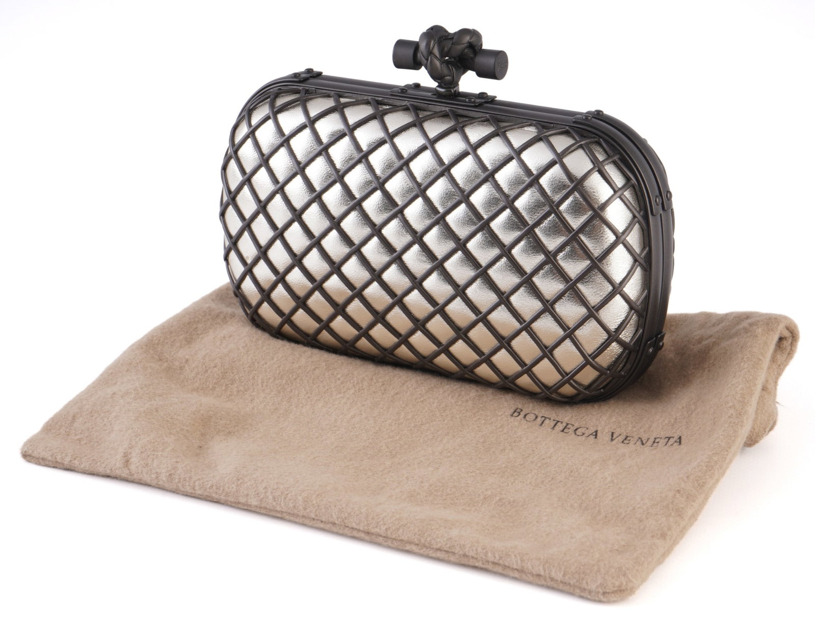 Bottega Veneta Knot Clutch Evening Bag,: Knot Clutch, silver-tone leather with dark brown intrecciato mesh decoration, dark metal frame with stud details and signature braided knot closure, taupe suede interior, with original dust bag, H 12 