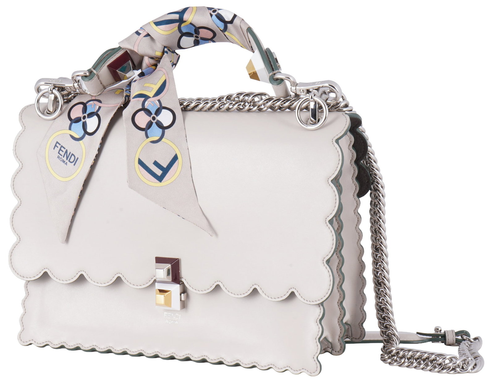 Fendi Kan I handbag with wrappy,: Italy Rome, made in Italy, women's shoulder bag Kan I in smooth calfskin leather, handle with a matching Fendi 'Wrappy' (narrow silk scarf with logo design), two-compartment main section with dark mic