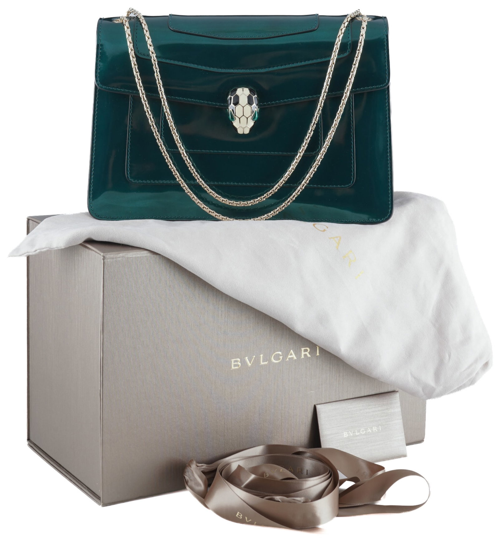 Bvlgari Serpenti Forever ladies shoulder bag,: patent leather in an emerald green metallic finish, iconic snakehead clasp with enameled details and gold-tone snake chain, three-compartment interior with zip pocket and slip pocket, magnetic closure