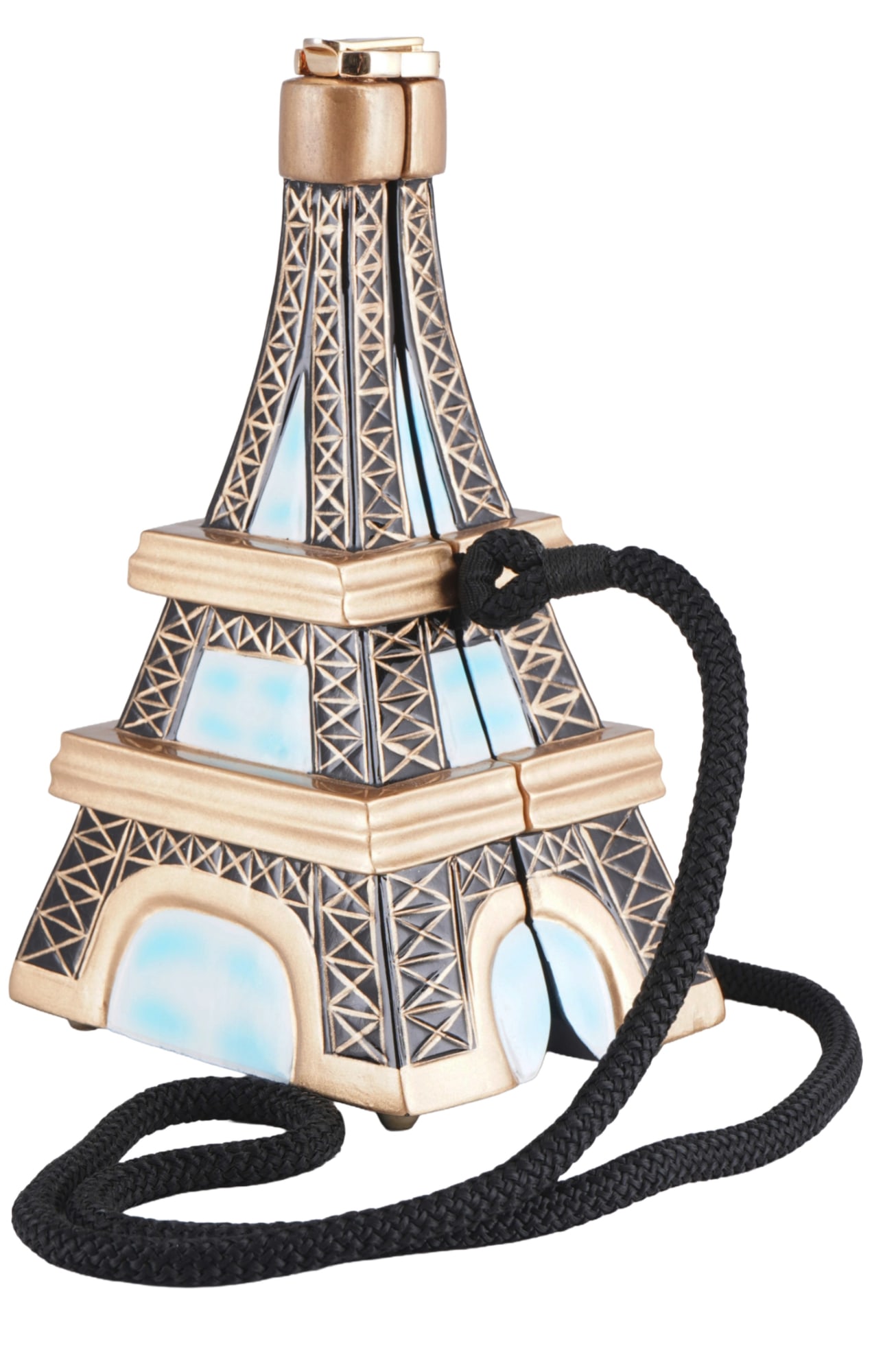 Timmy Woods Beverly Hills handbag Eiffel Tower,: designer handbag "Eiffel Tower" by the American luxury brand Timmy Woods Beverly Hills, crafted from hand-carved wood with an intricately designed surface in gold and black tones and translucent light