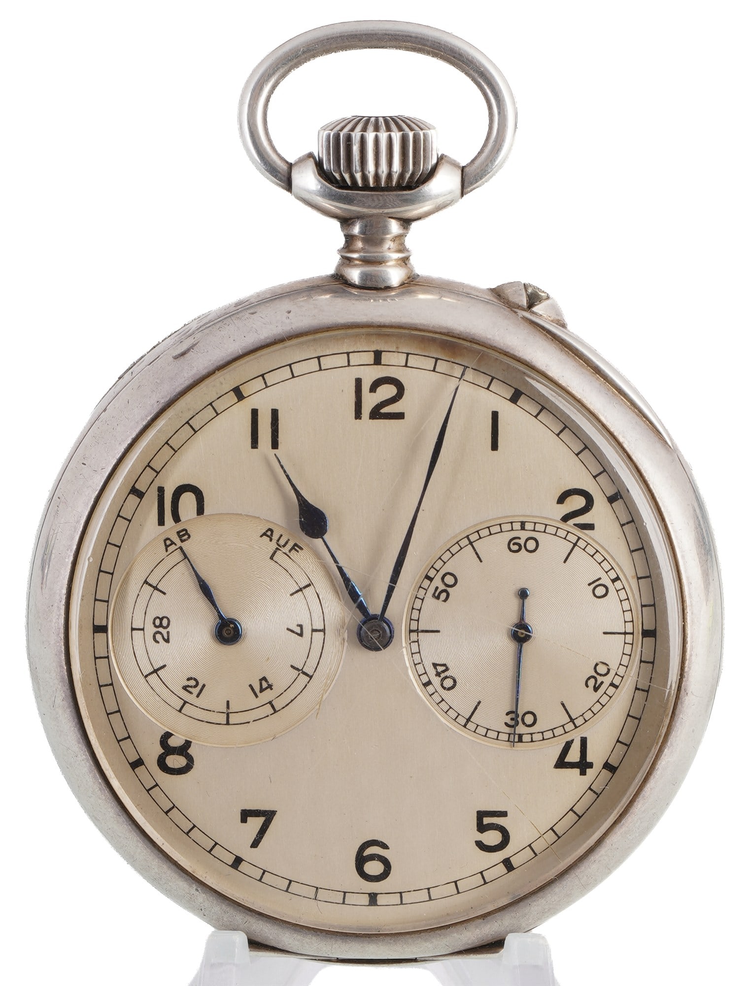 A. Lange & Söhne Kriegsmarine Observation Watch Pocket Watch: 900 silver savonette case, dial with Arabic numerals, blued steel hands, small seconds and power reserve indicator, mechanical plate movement A. Lange & Söhne Glashütte i.Sa., movement no. 202542, c