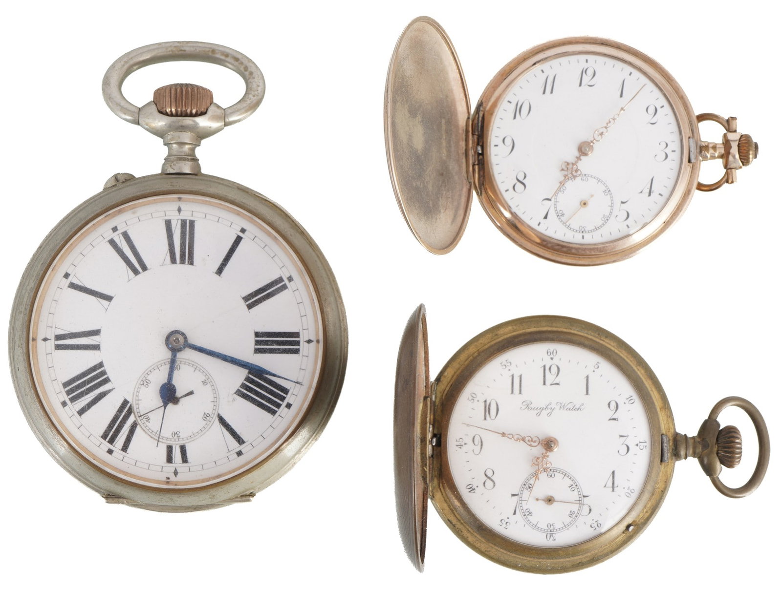 Railway clock and 2 Savonnette pocket watches, (1 of 5)