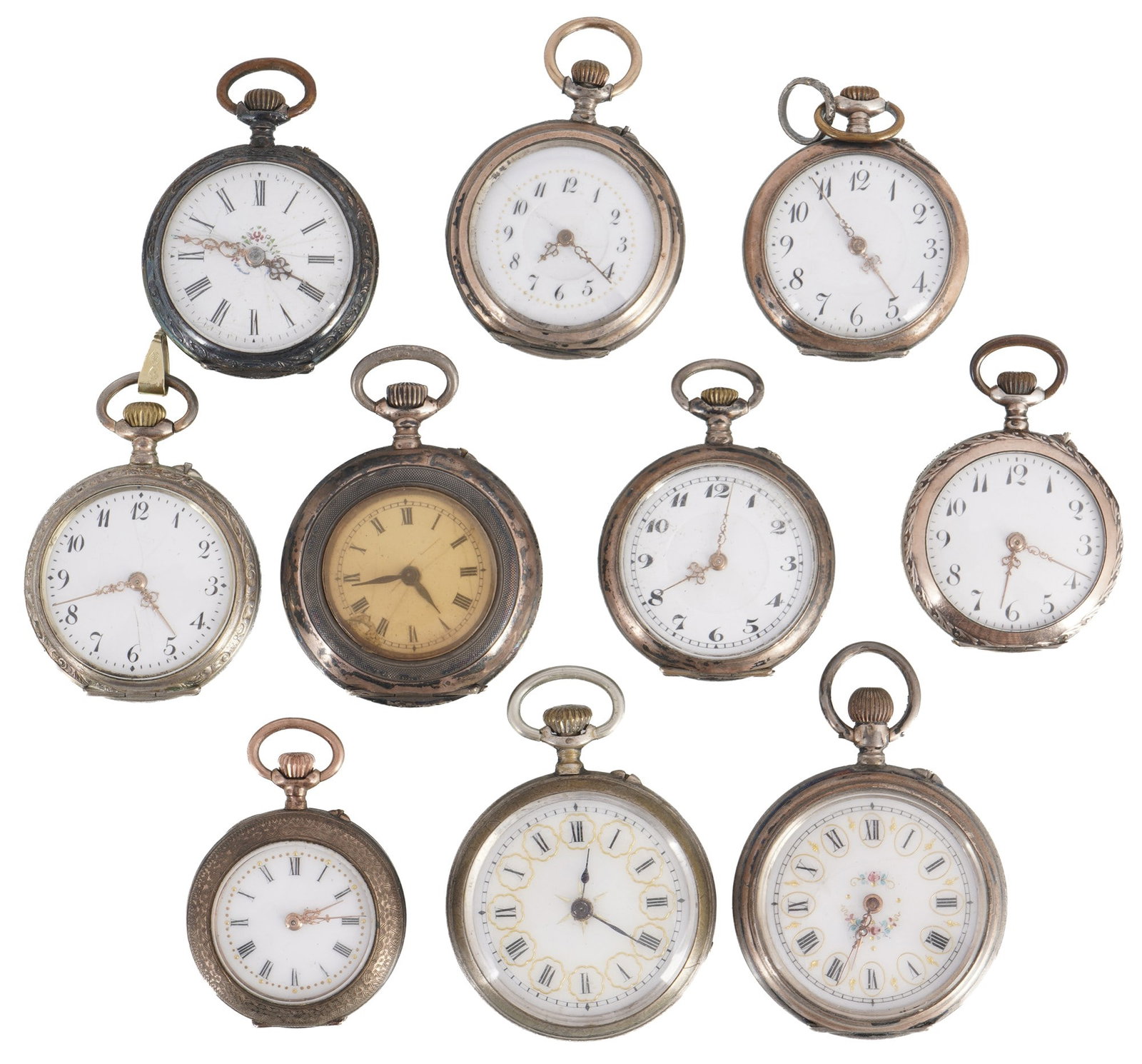 Collection of 10 ladies' pocket watches, mostly 800 silver,: Lot of 8 pocket watches in 800 silver, all hallmarked, 2 nickel-plated, mechanical movements with crown winding, 35 mm diameter and smaller, enamel dials occasionally with hairline cracks, minor defec