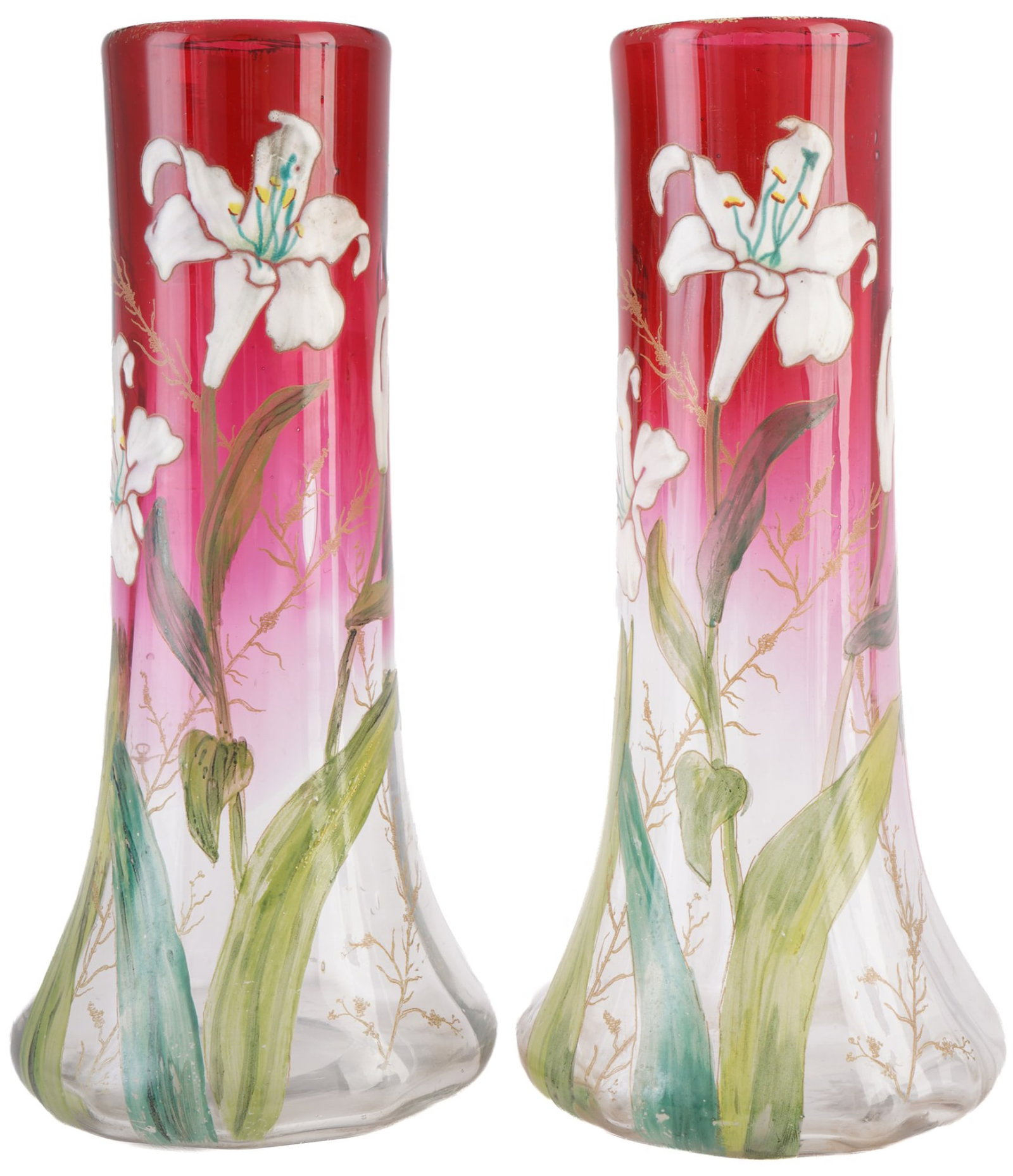 Legras Verreries de Saint-Denis Art Nouveau pair of vases around 1900 with lilies, (1 of 6)