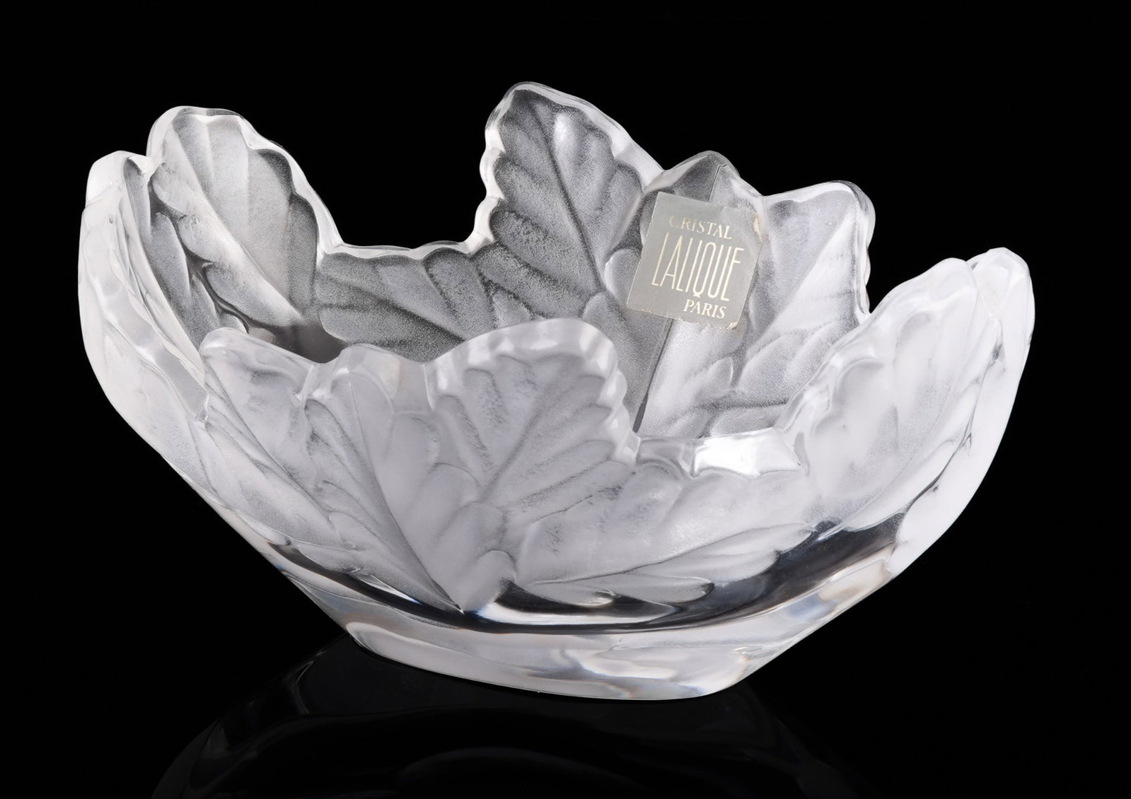 Lalique Compiegne leaf bowl,: Crystal, partially frosted, France, signed Lalique France on the base, Compiegne bowl H 9.5 cm x L 19.5 cm x W 14 cm