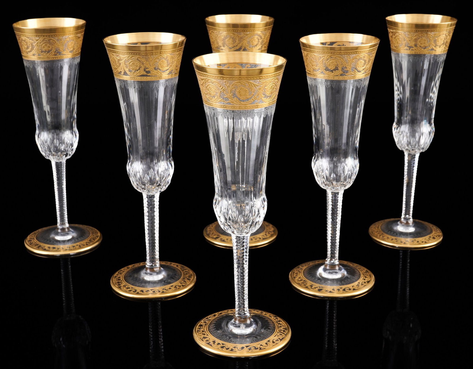 St. Louis Thistle Gold 6 champagne flutes with etched mark, (1 of 3)