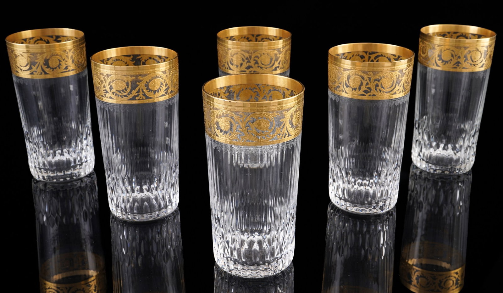 St. Louis Thistle Gold 6 highball / long drink glasses with etched mark, (1 of 3)