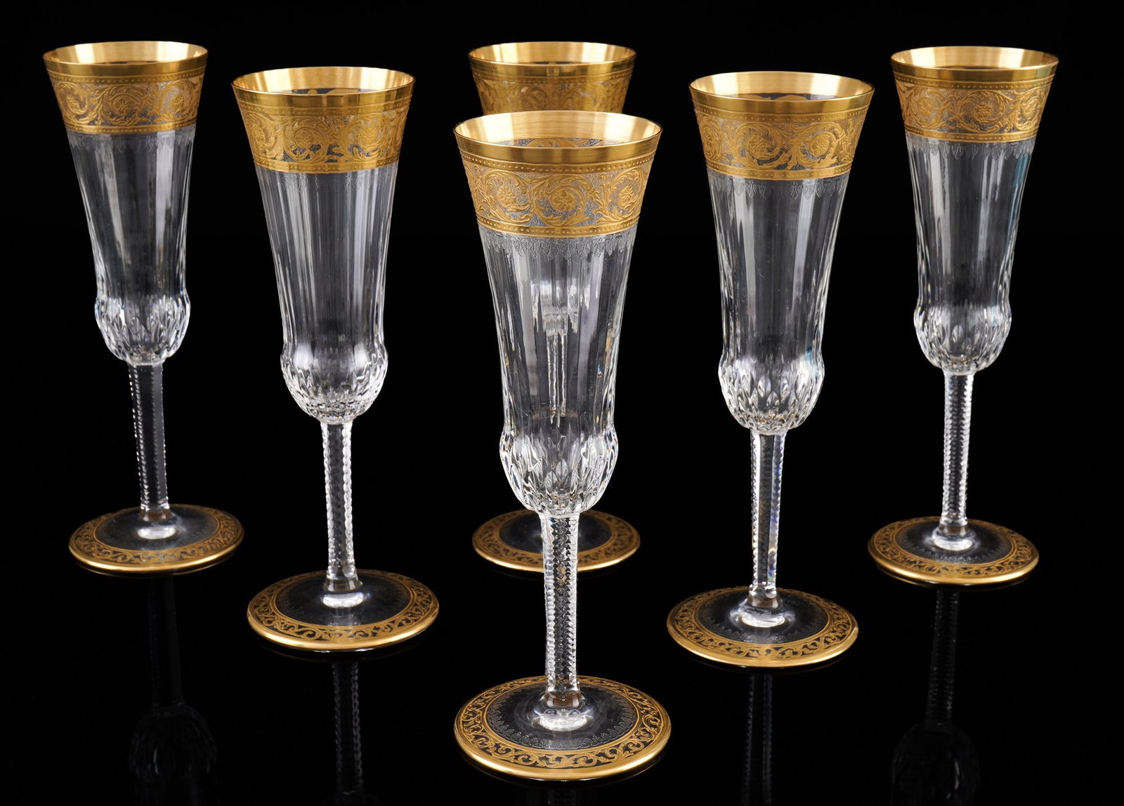 St. Louis Thistle Gold 6 champagne flutes - including etched mark, (1 of 3)