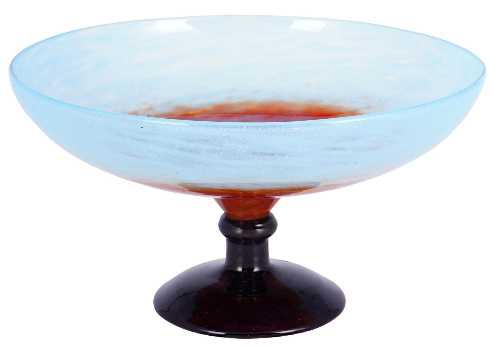 Charles Schneider Art Deco countertop bowl: Glass, France, Epinay-sur-Seine, circa 1918-1933, signed Schneider on the base, bowl on a short knotted stem and round foot, blue/red powder inclusions, H 12.5 cm x D 22 cm