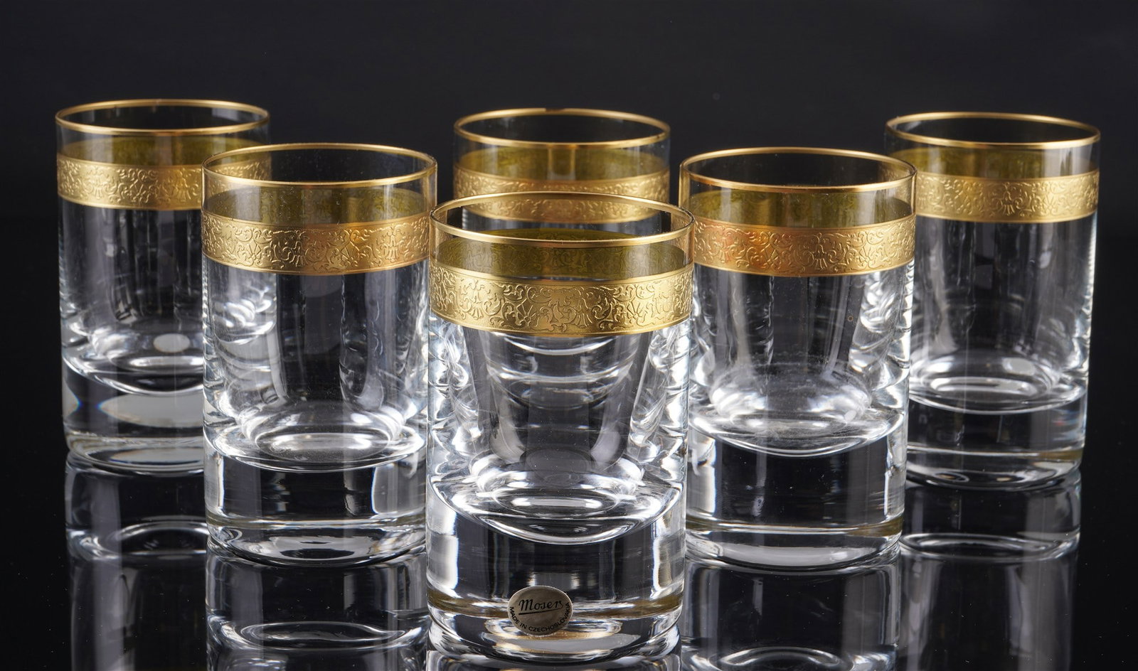Moser Karlsbad Copenhagen 6 whiskey tumblers,: glass, Czech Republic/Karlovy Vary (Carlsbad), with etched mark, Copenhagen series - etched and gilded oroplastic border and gold rim, 6 x H 11.5 cm x D 7 cm