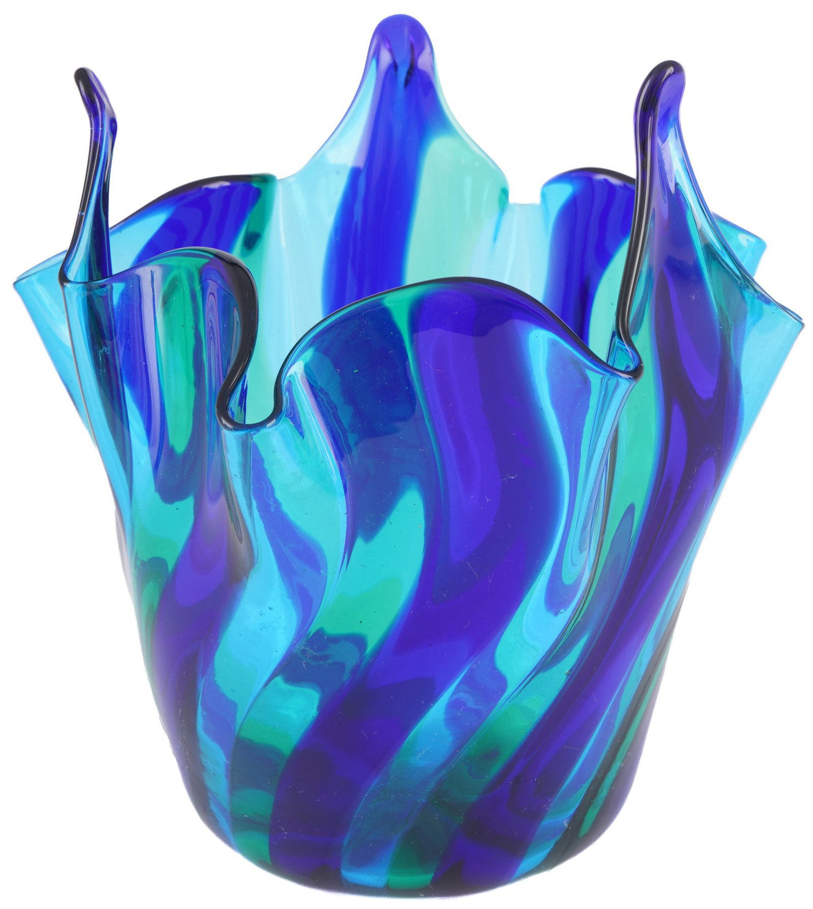 Fratelli Toso Murano "A Canne" large Fazzoletto vase,: Multicolored glass with fused stripes in blue and turquoise/emerald green "A Canne", Venice / Murano, Italy, incised mark F.lli Toso (Fratelli Toso) on the base, design/execution by Fratelli Toso, mod