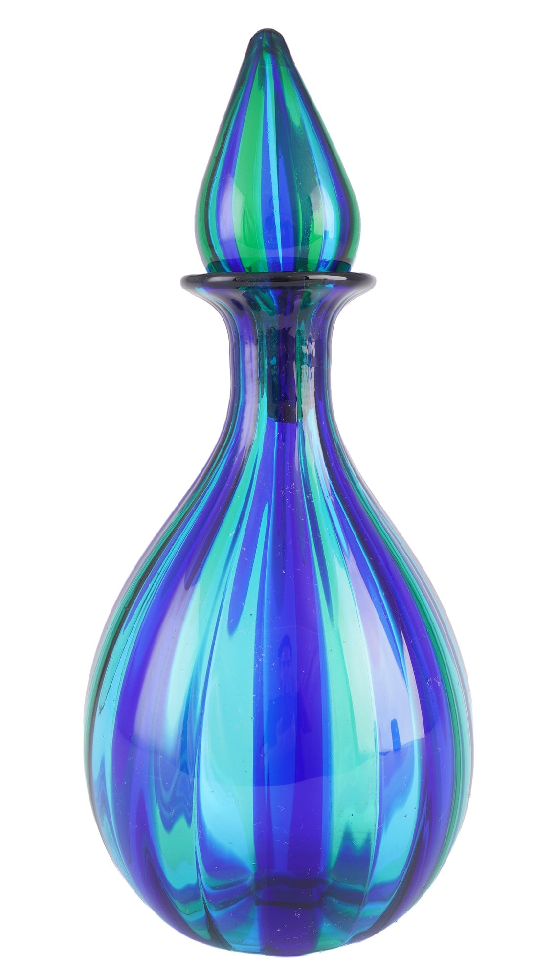 Fratelli Toso Murano "A Canne" carafe,: Multicolored glass with fused stripes in blue and turquoise/emerald green "A Canne", Venice / Murano, Italy, incised mark F.lli Toso (Fratelli Toso) on the base, design/execution Fratelli Toso, H 24 c