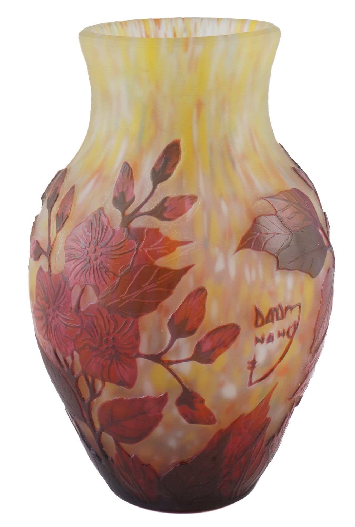 Daum Nancy Art Nouveau vase with geraniums,: Overlaid glass / cameo glass, signed Daum Nancy with Lorraine cross, circa 1900–1910, geranium decoration, yellow-orange powdered ground with relief decoration in ruby ??red, H 12 cm x D 7 cm