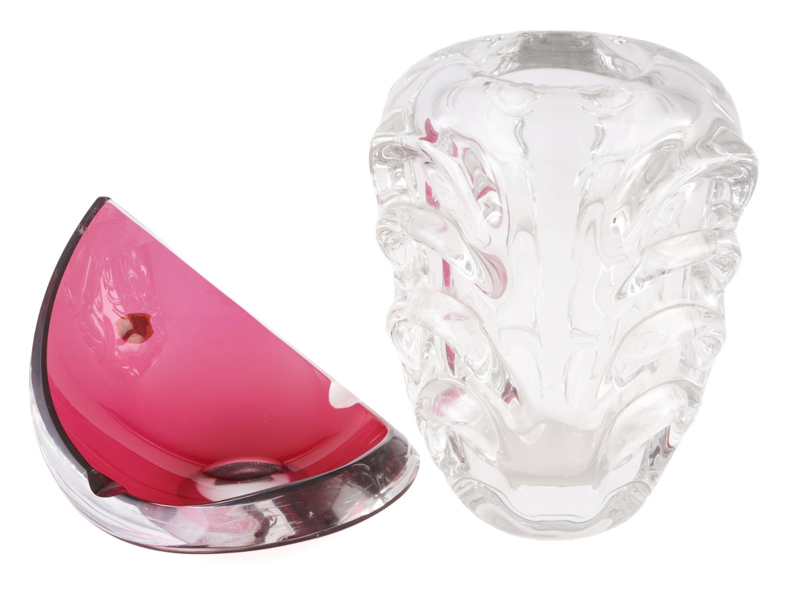 Val St. Lambert large vase and bowl,: Crystal, France, large vase signed on the base H 17.5 cm x D 13 cm and bowl with remnants of the company sticker H 10.5 cm x L 16 cm x W 13 cm, minimal chip on the base