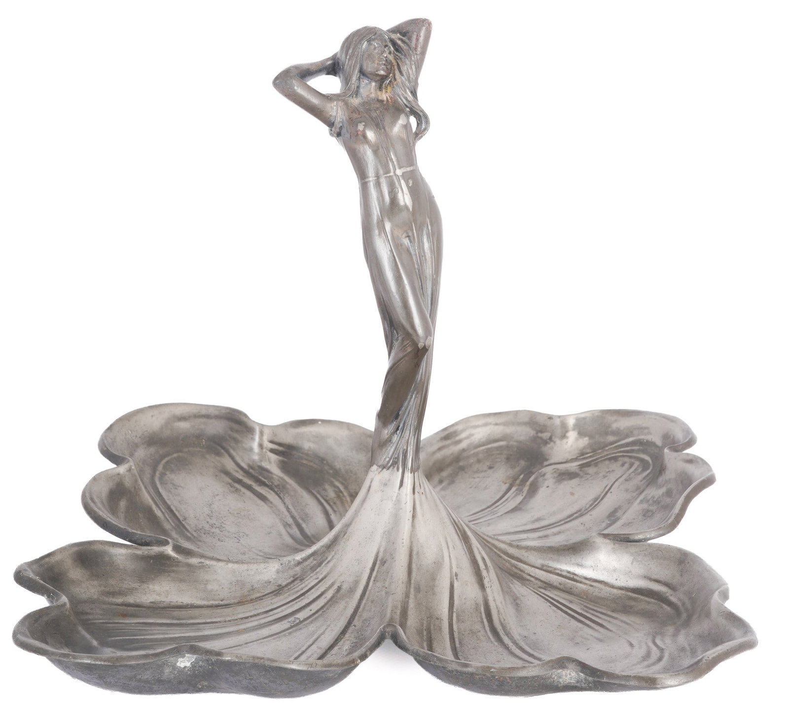 WMF Art Nouveau large centerpiece with nymph,: Britannia metal / silver-plated, stamped WMFB + as + I/O, Art Nouveau centerpiece circa 1900-1906, quatrefoil-shaped serving dish, fully sculpted figure of a young woman, H 24 cm x W 30 cm x D 29 cm, 