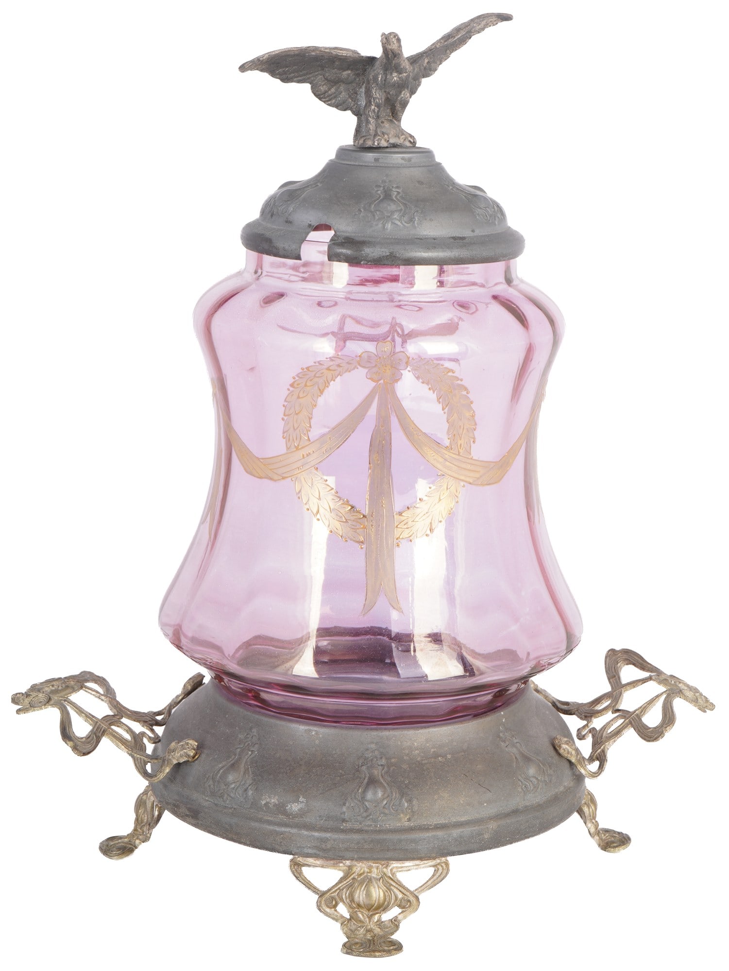 Art Nouveau ornate punch bowl / compote dish circa 1900,: Glass/pewter, partly bronzed, pink glass or gold ruby ??glass, tapered glass body in a pink hue with a golden laurel wreath and ribbon, lid with ladle recess and three-dimensional crowning knob in the