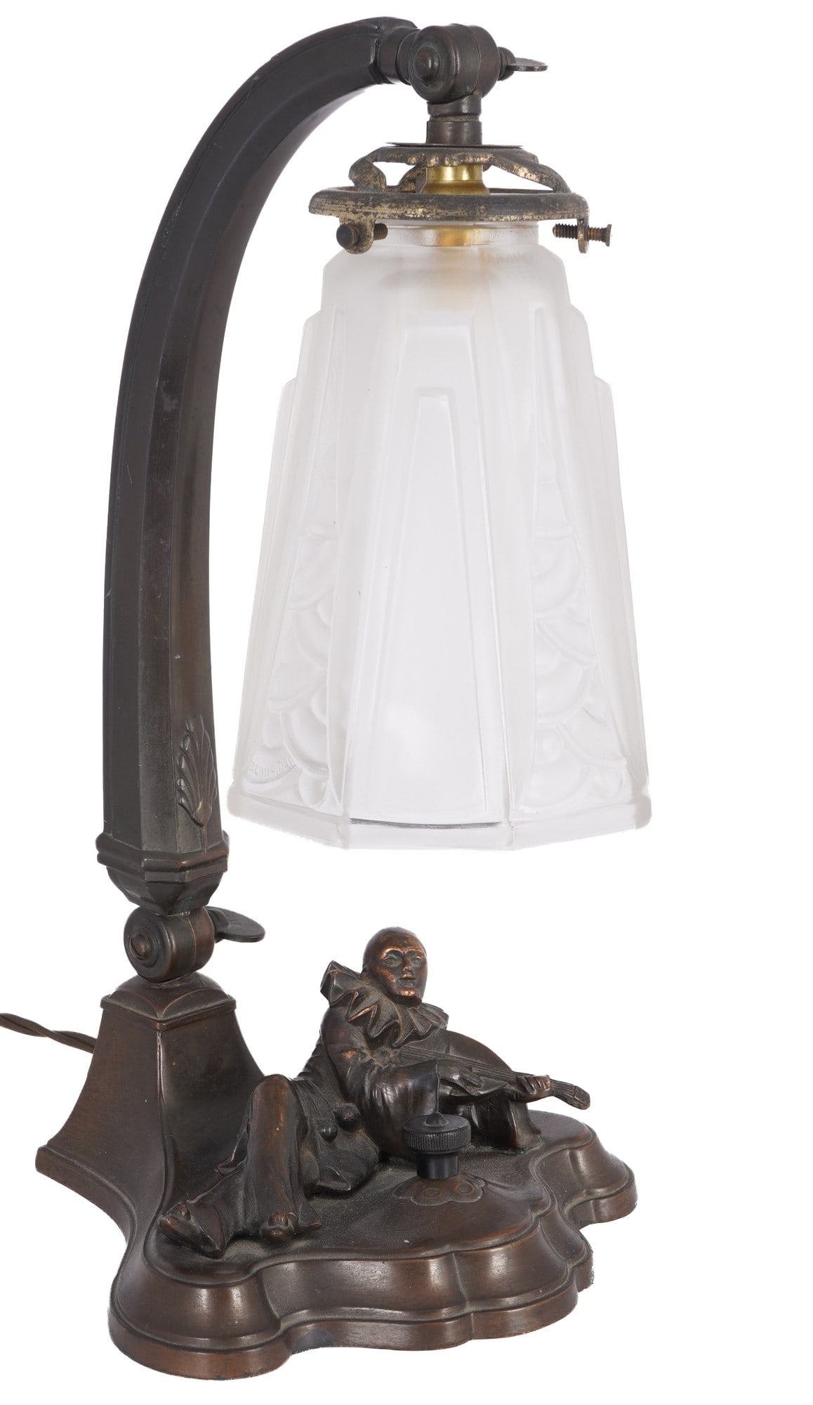 Art Deco table lamp with Pierrot Verreries de Schneider glass shade: Glass/metal, France/Épinay-sur-Seine circa 1920/30, lampshade embossed Schneider France, molded glass shade with geometric decoration, base with Pierrot playing a mandolin, bow arm with adjustable ti