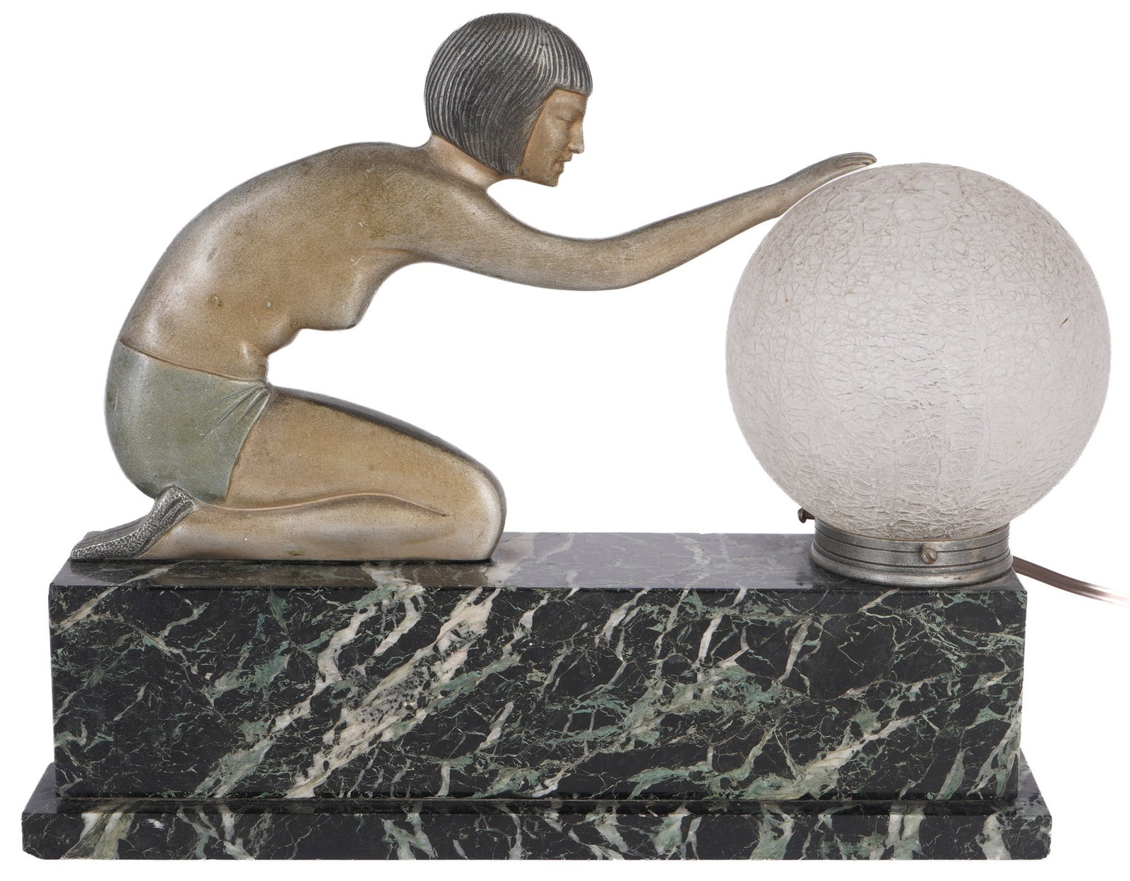 Art Deco sculpture lamp “Woman with Sphere?? circa 1930,: Metal / glass / marble, designed by WOHL Raymonde GUERBE (1894-1995) and cast by the Parisian foundry Max LE VERRIER (1891-1973) around 1930, kneeling female partial nude in cold-painted metal, sphere