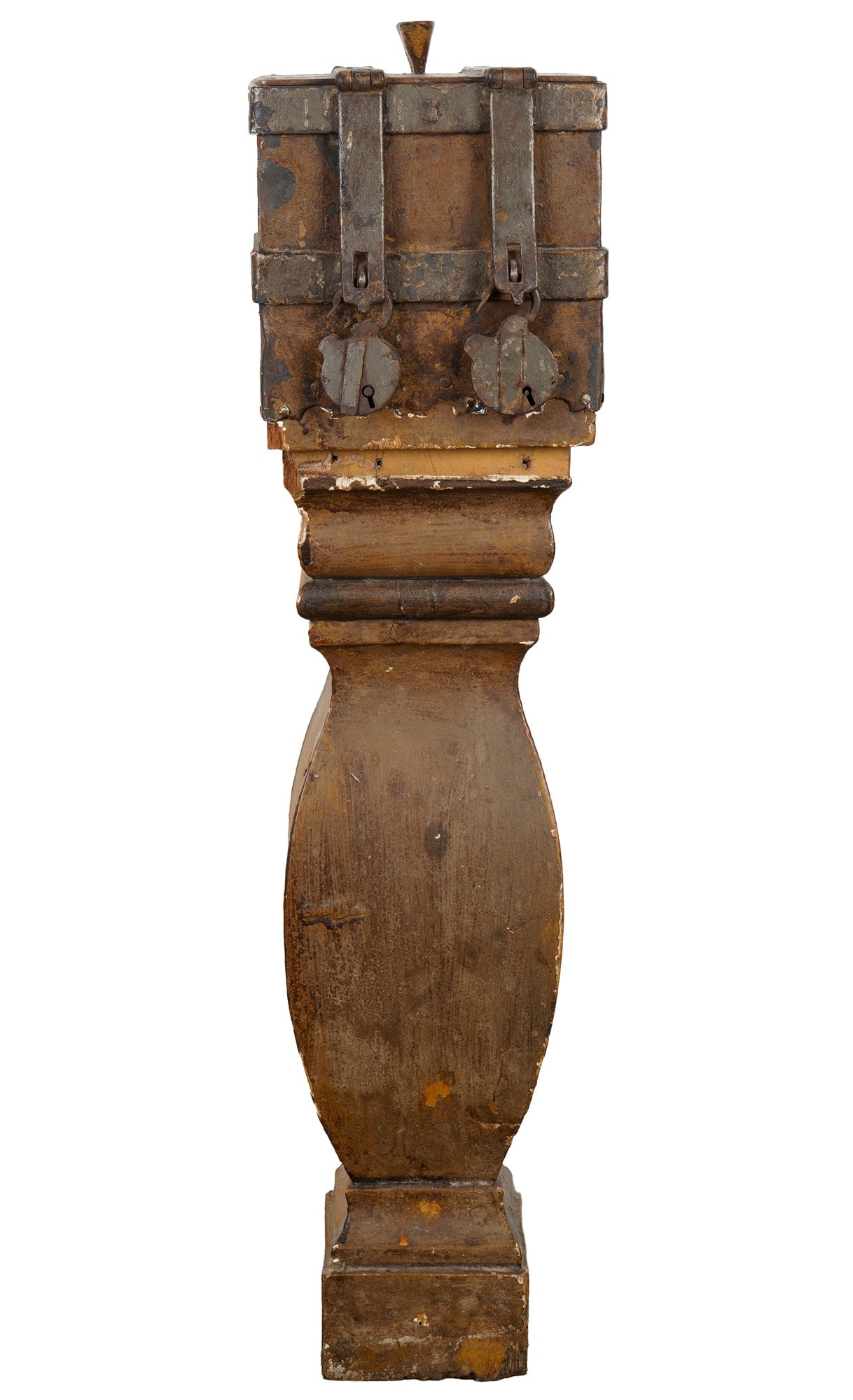 South German alms box - 16th/17th century: Wood/Iron, Southern Germany, 16th/17th century, solid single-door wooden body on a curved wooden base, encased with heavy hand-forged and riveted iron bands and plates, top with coin slot, secured by 