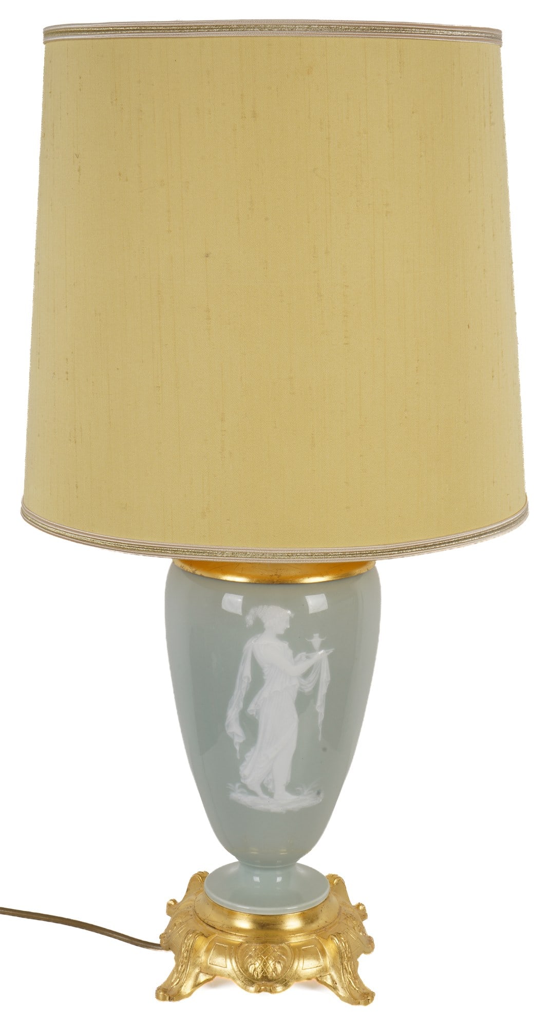 Table lamp with pate-sur-pate and bronze mount,: France, celadon green porcelain with a white pâte-sur-pâte relief of an antique-style female figure and a neoclassical ornament on the reverse, richly decorated gilt bronze/metal mount on four feet,