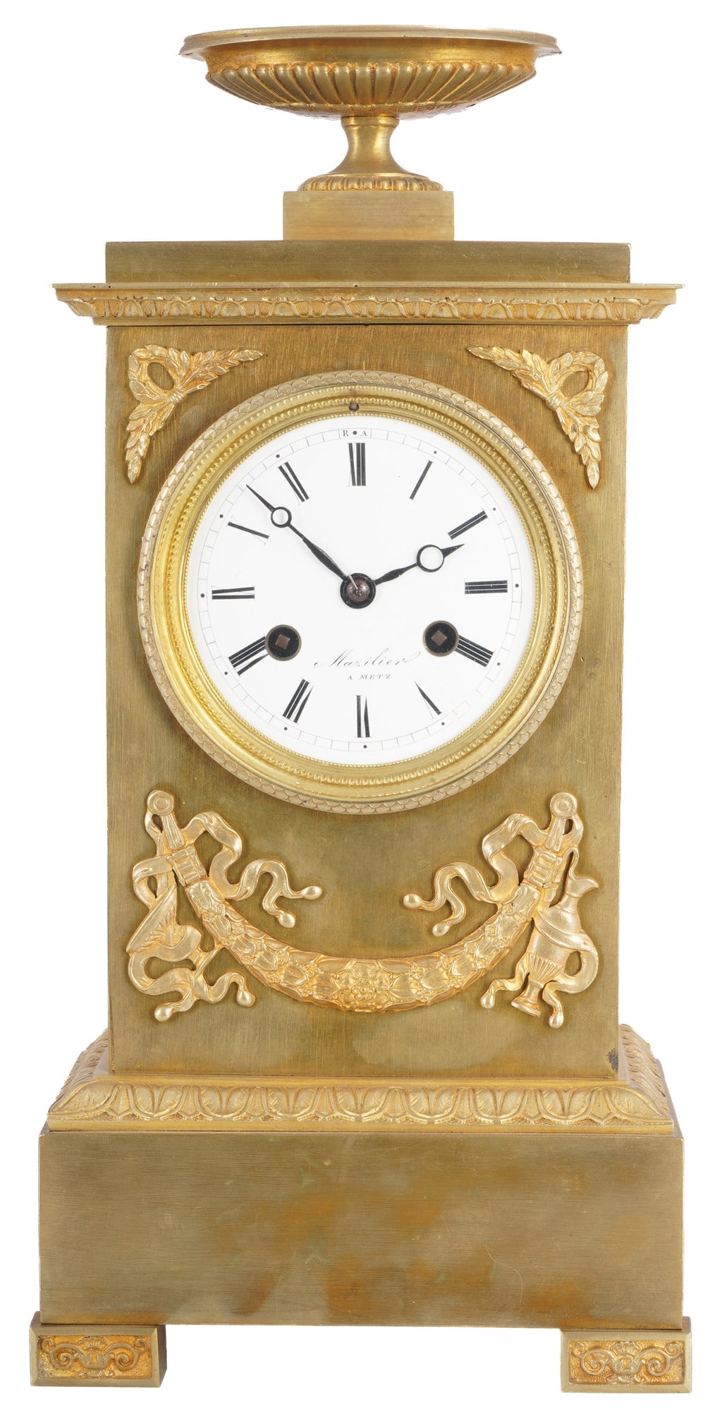 Empire Bronze Pendule Marilier à Metz, France around 1850,: France, mid-19th century, H 36.5 cm x W 17.5 cm x D 10.5 cm, weight 3.4 kg, fire-gilt bronze, architectural case with neoclassical relief decoration and bowl-shaped finial, enamel dial with Roman hour