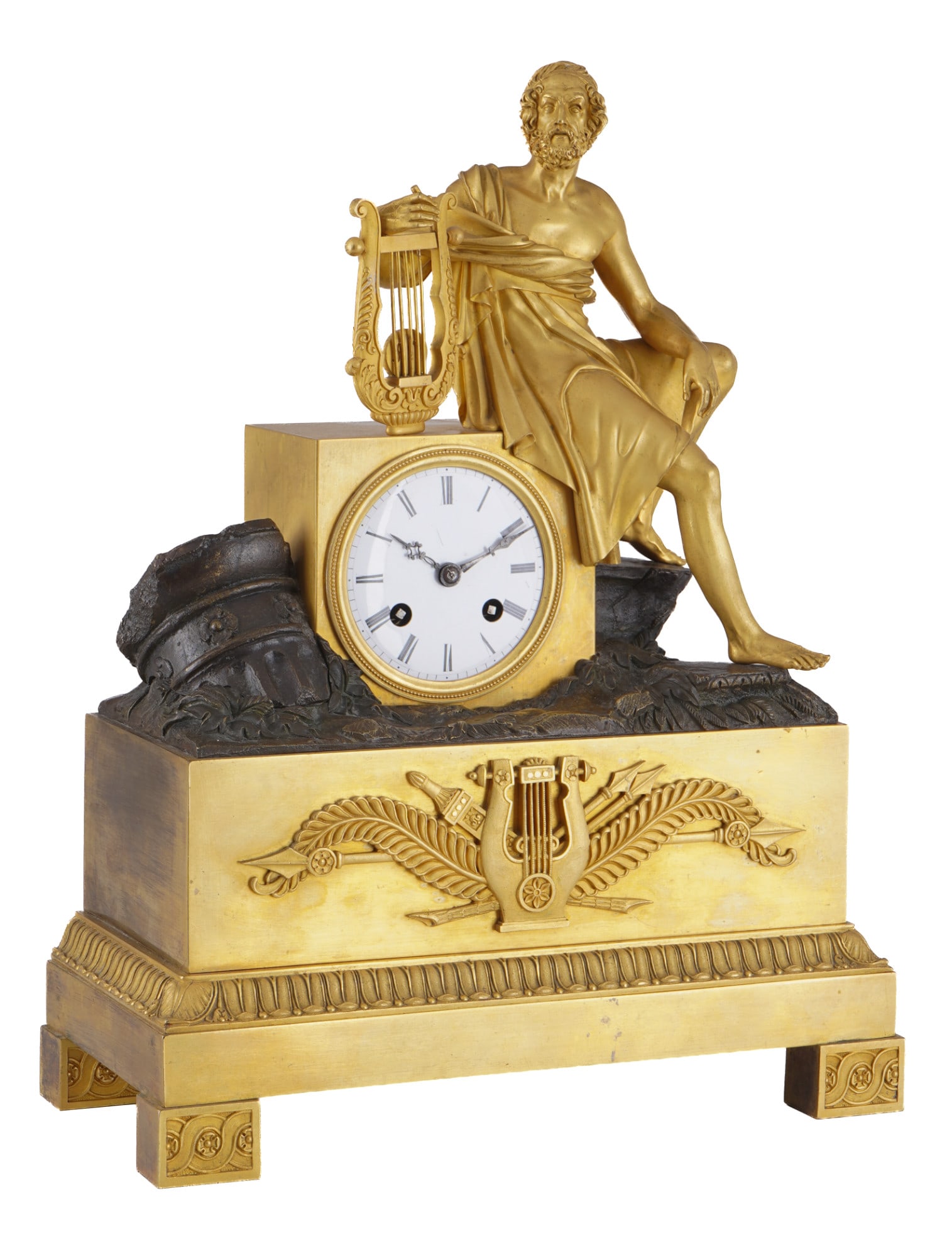 Empire bronze mantel clock, France c. 1820-1840,: fire-gilt and dark-patinated bronze, France c. 1820-1840, H 39 cm x W 29.5 cm x D 14 cm, weight approx. 6.3 kg, rectangular base case with applied decoration of a lyre, laurel branches, and antique at
