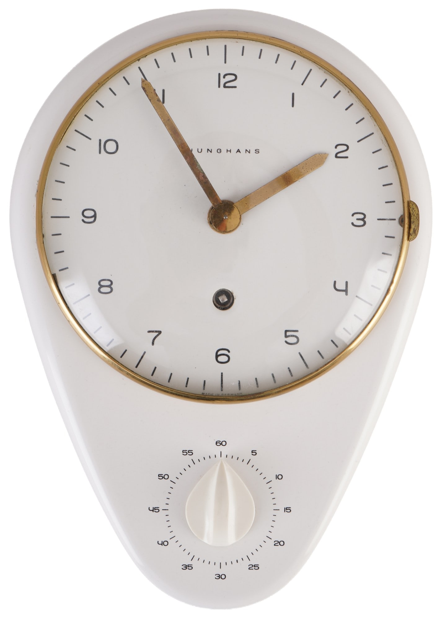 Max Bill Junghans Bauhaus kitchen clock,: Teardrop-shaped case made of glazed ceramic, manufactured in the 1950s, white dial and integrated mechanical 60-minute timer, the design of the number 4 is a typical and creative trademark by Max Bill