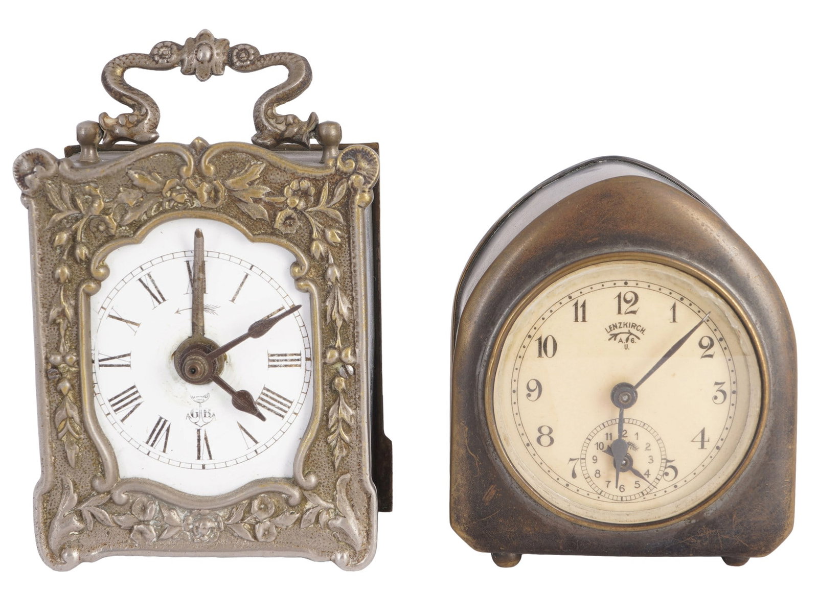 Lenzkirch and Gustav Becker travel alarm clocks,: Two German travel alarm clocks, mechanical movements, metal cases: Lenzkirch (H 8.5 cm x W 7.5 cm x D 5 cm) and Gustav Becker (H with handle 12 cm x W 7.5 cm x D 6 cm). Both alarm clocks are functiona