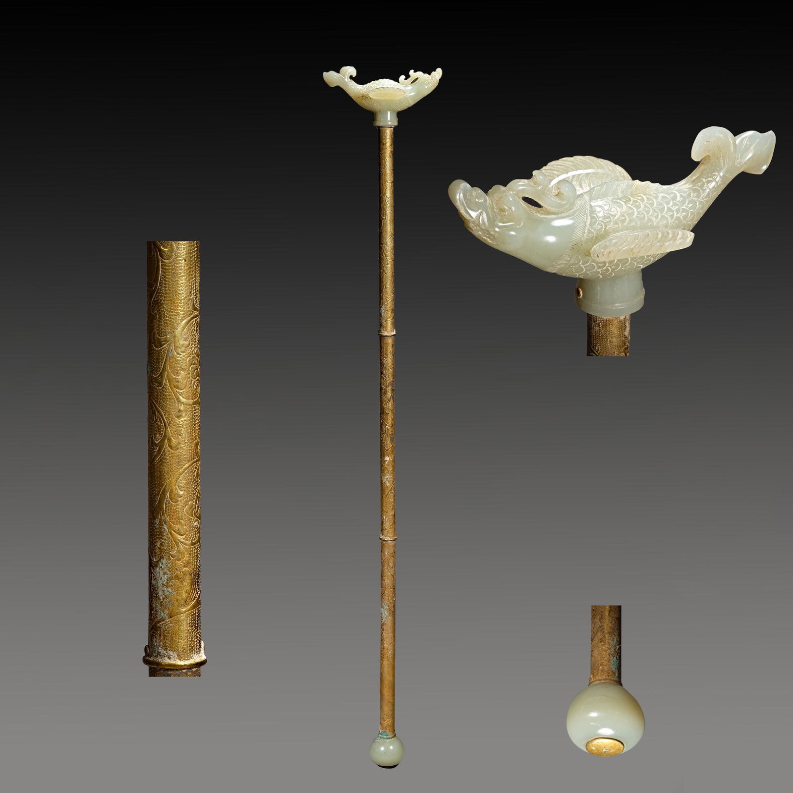 Chinese Liao Dynasty Hetian jade gilt walking stick (1 of 5)