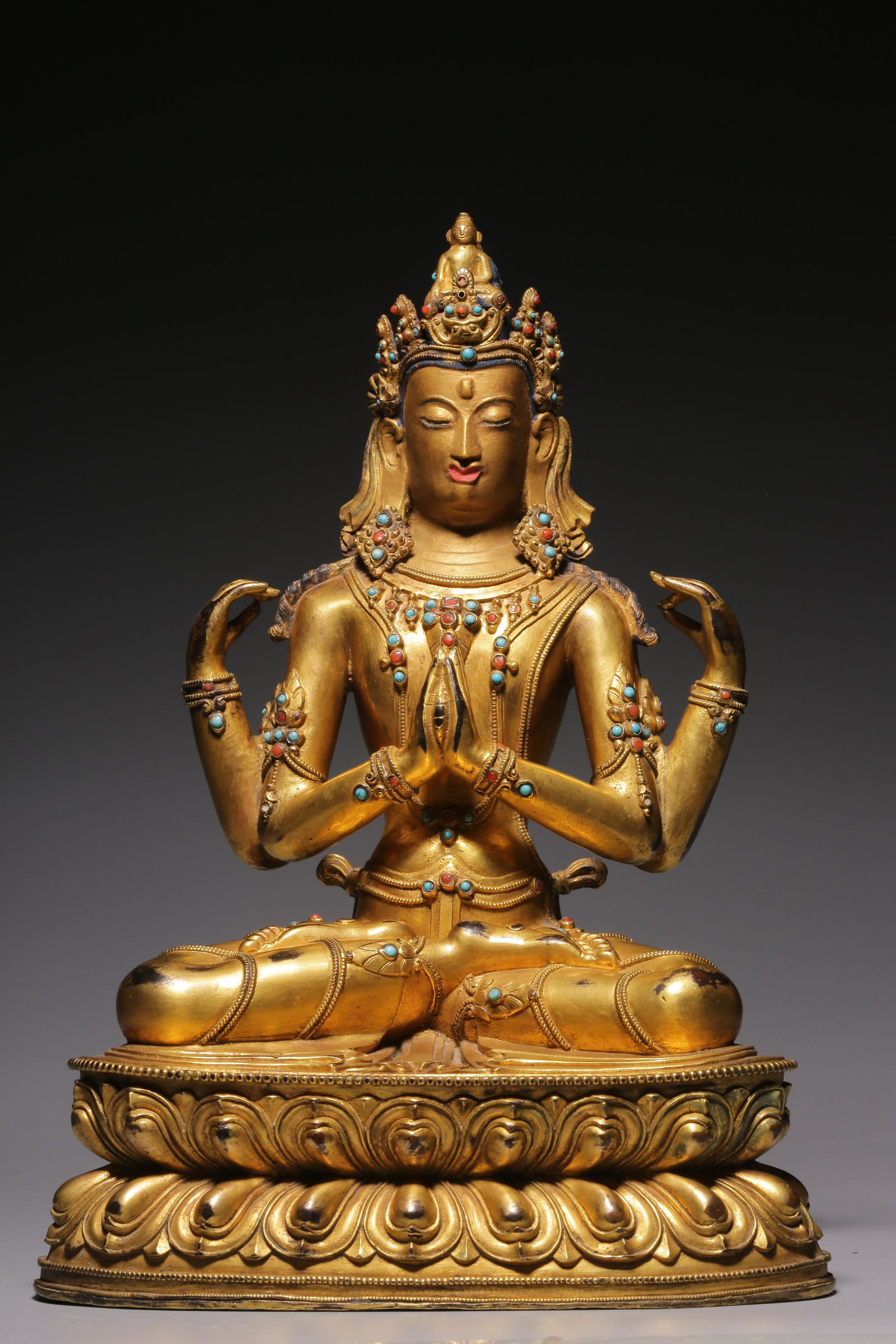 Qing Dynasty, bronze gilt inlaid treasure four-arm seated guanyin statue (1 of 7)
