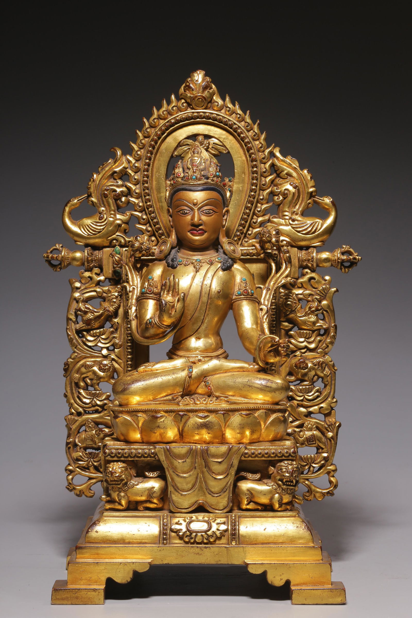 Qing Dynasty, bronze gilt inlaid with treasure immovable Buddha sitting image (1 of 9)