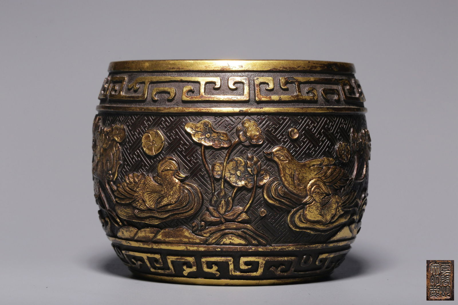 Bronze gilt relief lotus pond mandarin duck picture censer (1 of 10)